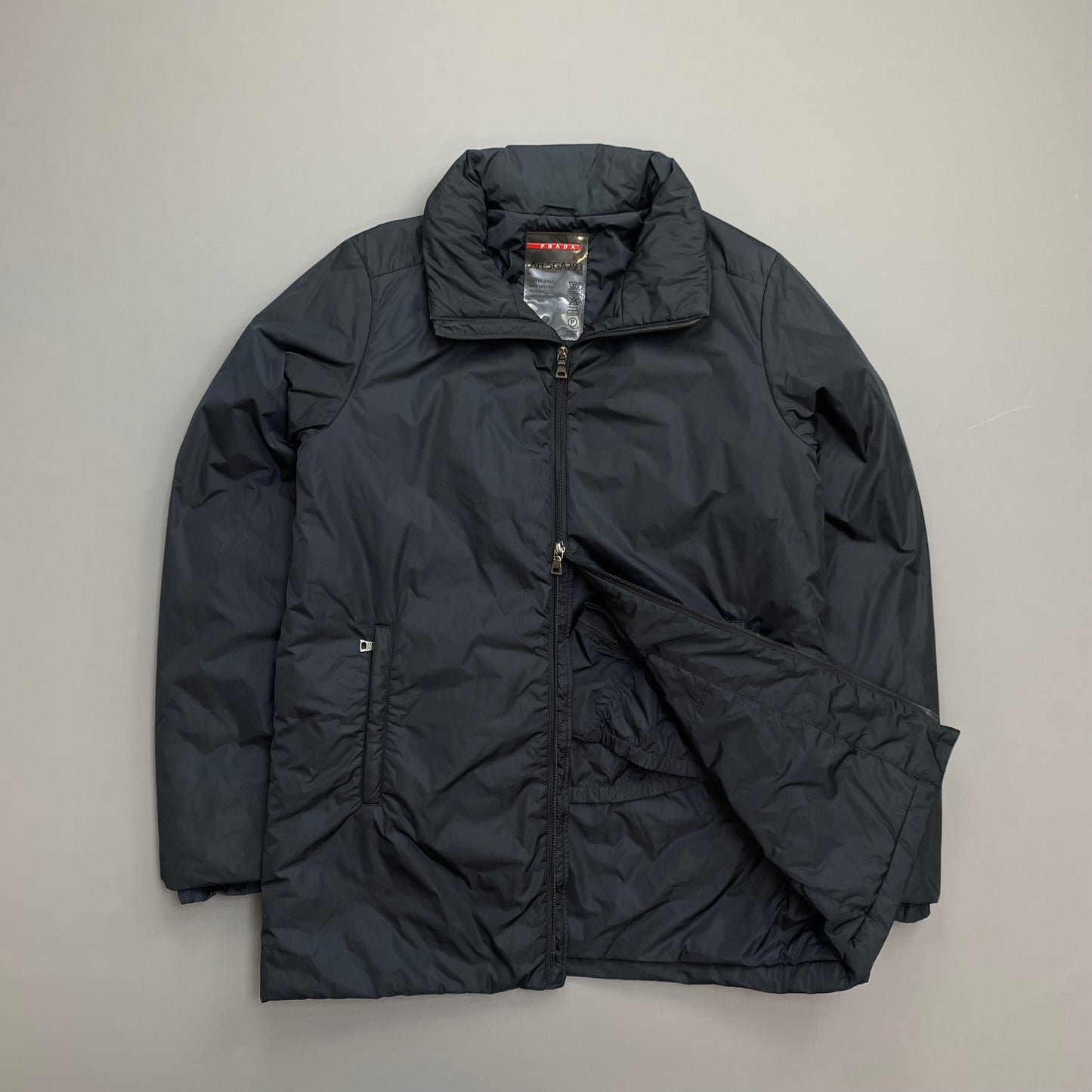 Prada Sport Navy 00s Nylon Padded Concealed Hood Longline Overcoat