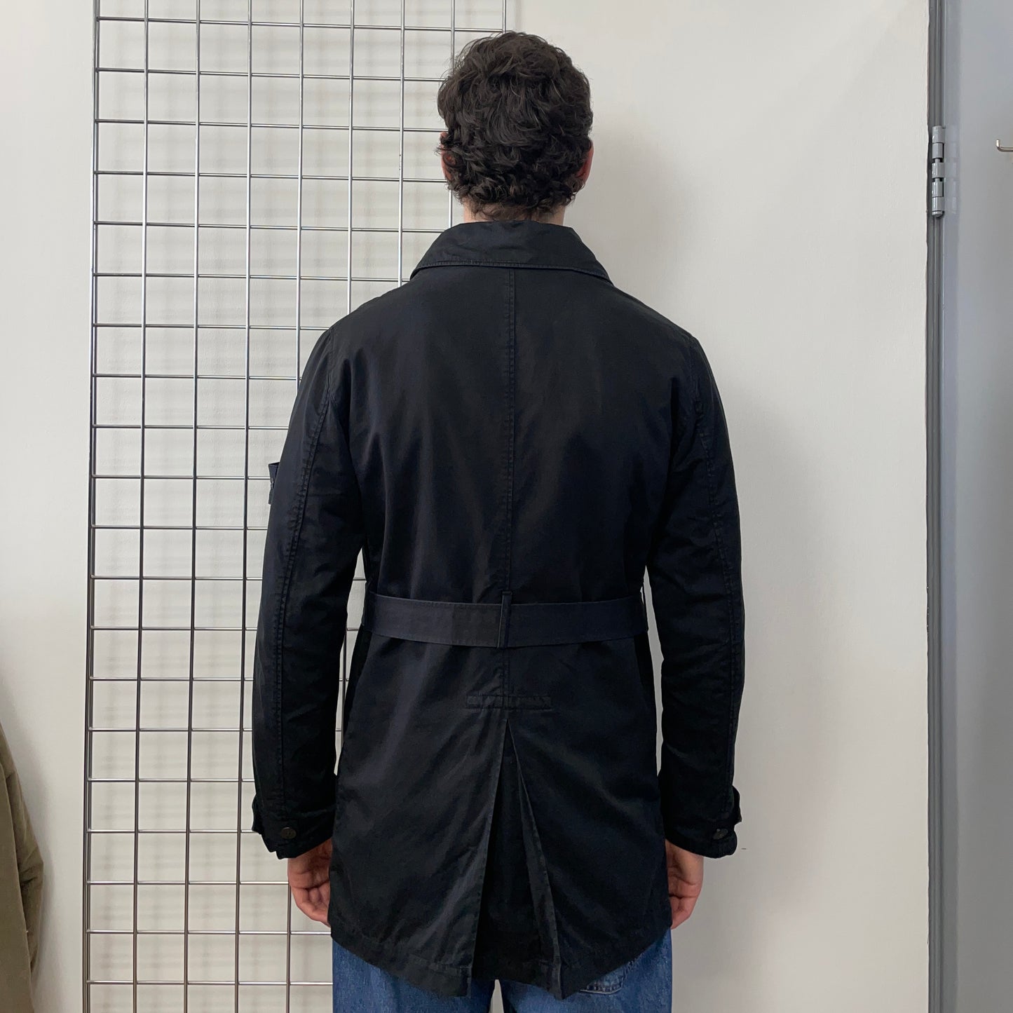 Stone Island Black AW05 Raso Gommato Belted Trench Coat