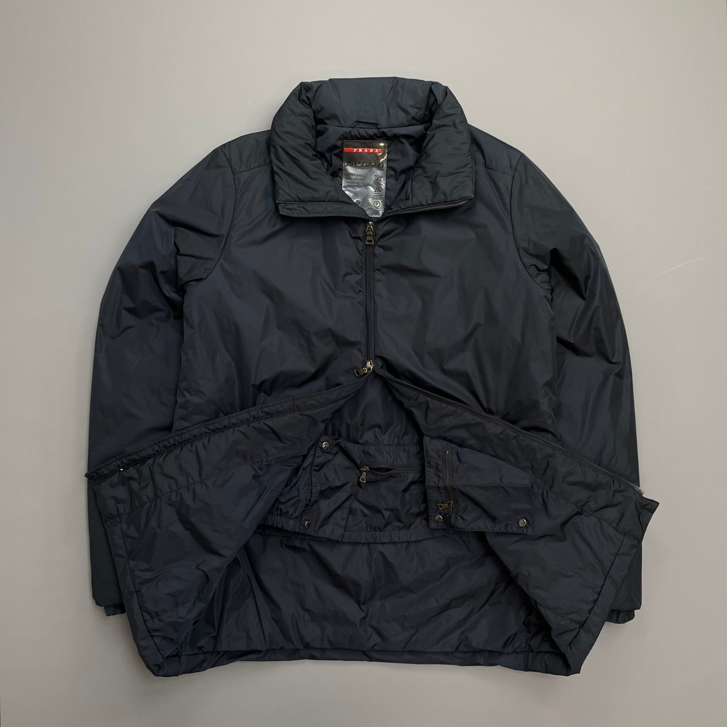 Prada Sport Navy 00s Nylon Padded Concealed Hood Longline Overcoat