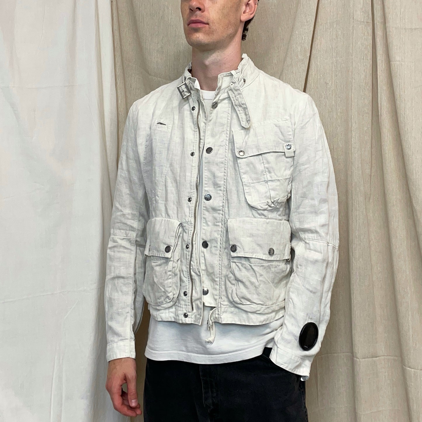 C.P. Company White SS08 Linen Lino Flax Multi-Pocket Detachable Hood Watchviewer Jacket