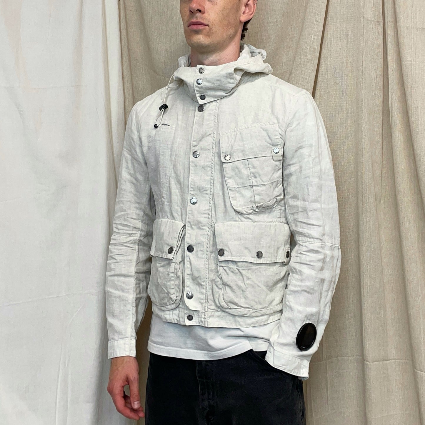 C.P. Company White SS08 Linen Lino Flax Multi-Pocket Detachable Hood Watchviewer Jacket