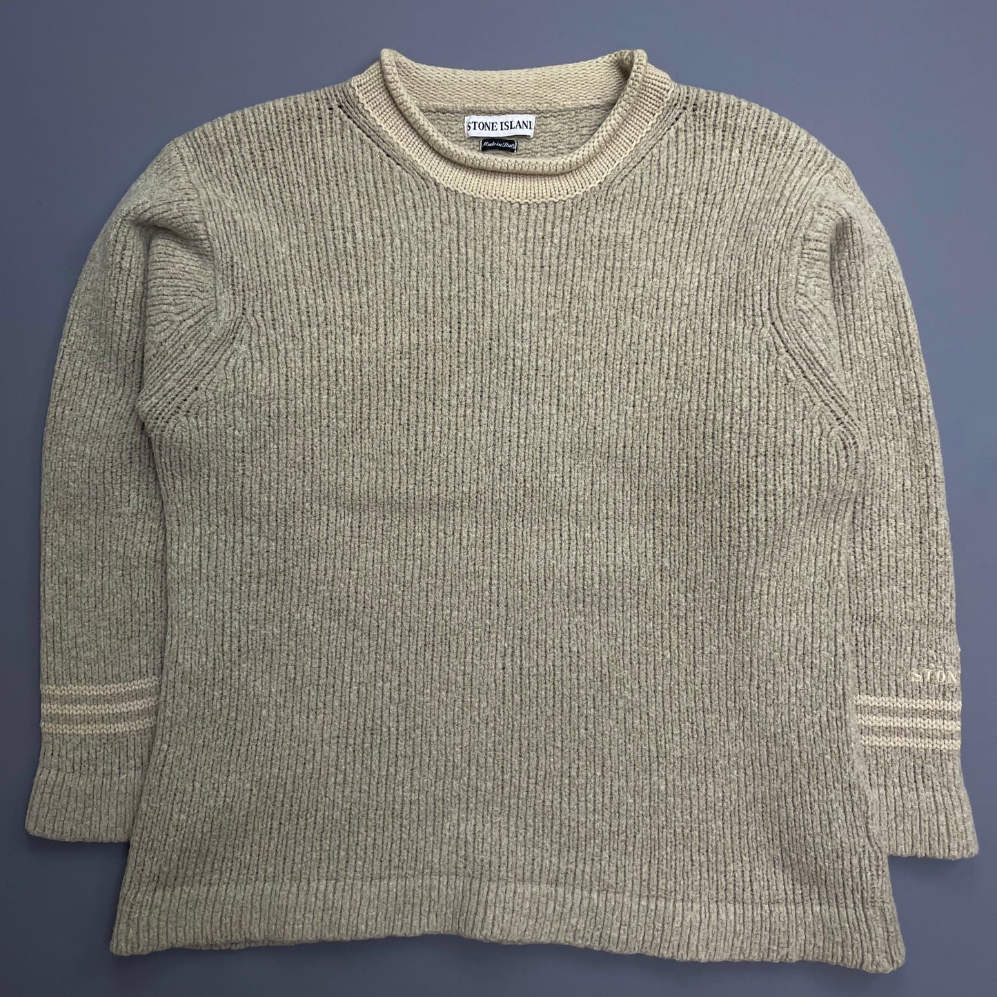 Stone Island Beige AW98 Chunky Wool Knit Raised-Collar Emblem Jumper