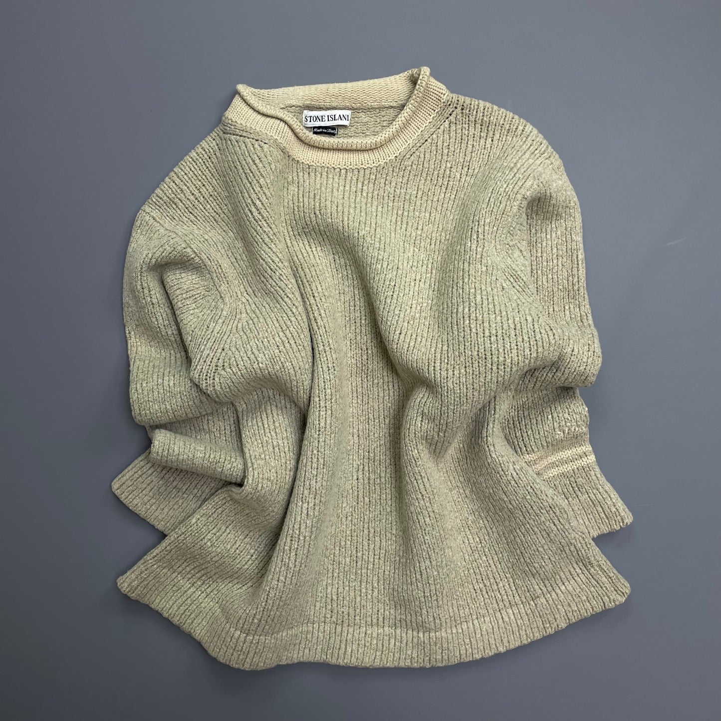 Stone Island Beige AW98 Chunky Wool Knit Raised-Collar Emblem Jumper