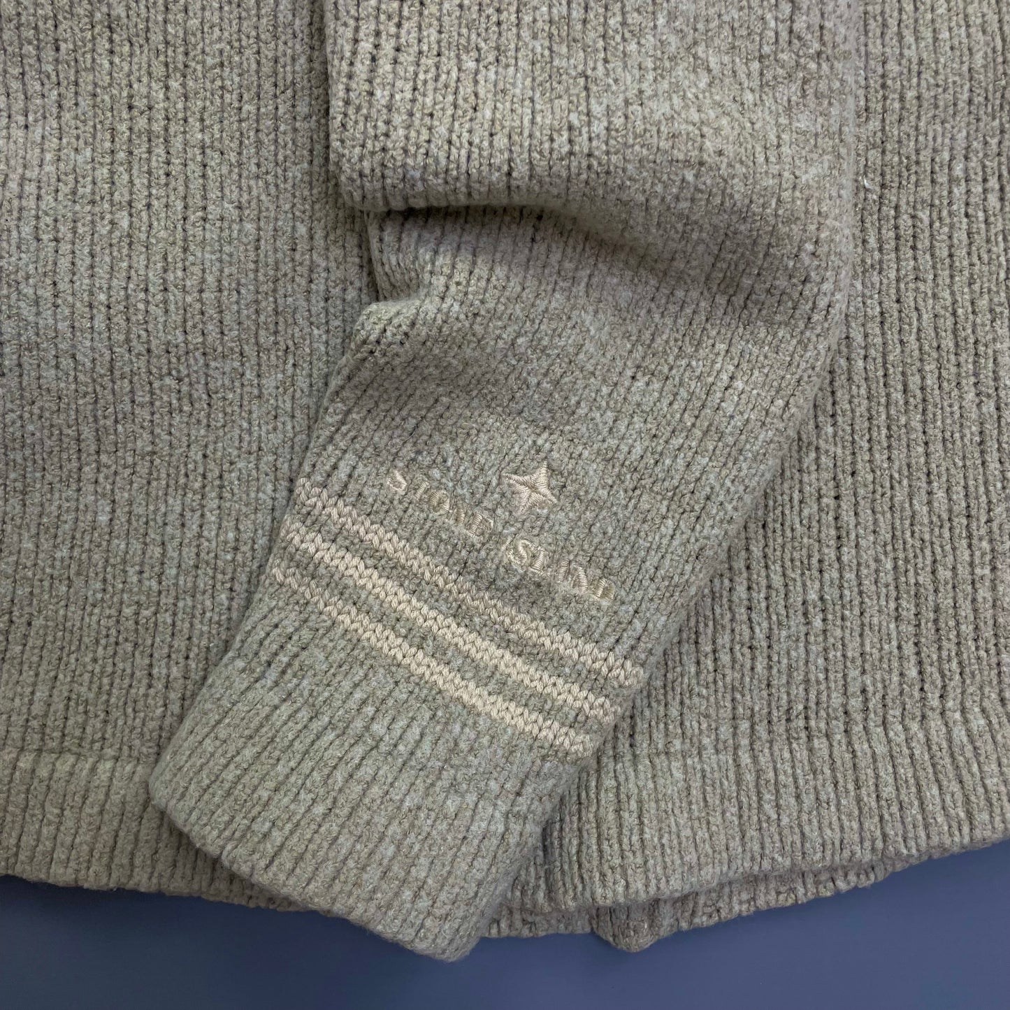 Stone Island Beige AW98 Chunky Wool Knit Raised-Collar Emblem Jumper