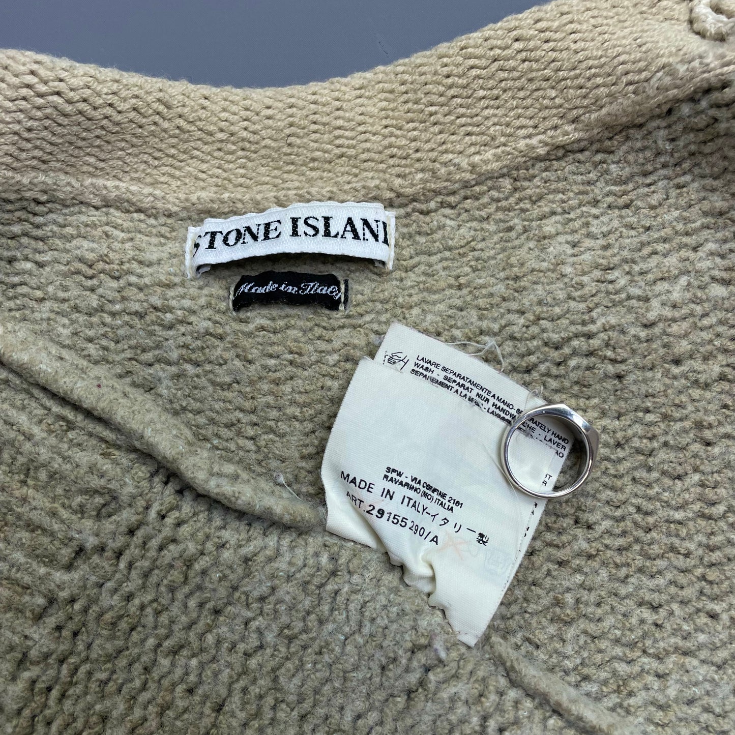 Stone Island Beige AW98 Chunky Wool Knit Raised-Collar Emblem Jumper