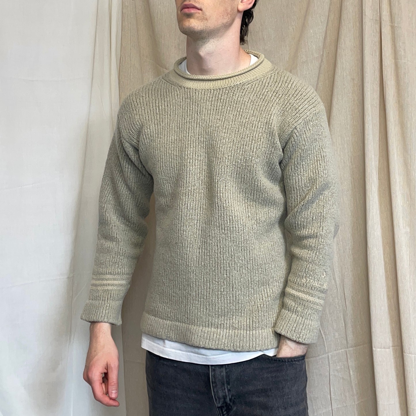 Stone Island Beige AW98 Chunky Wool Knit Raised-Collar Emblem Jumper