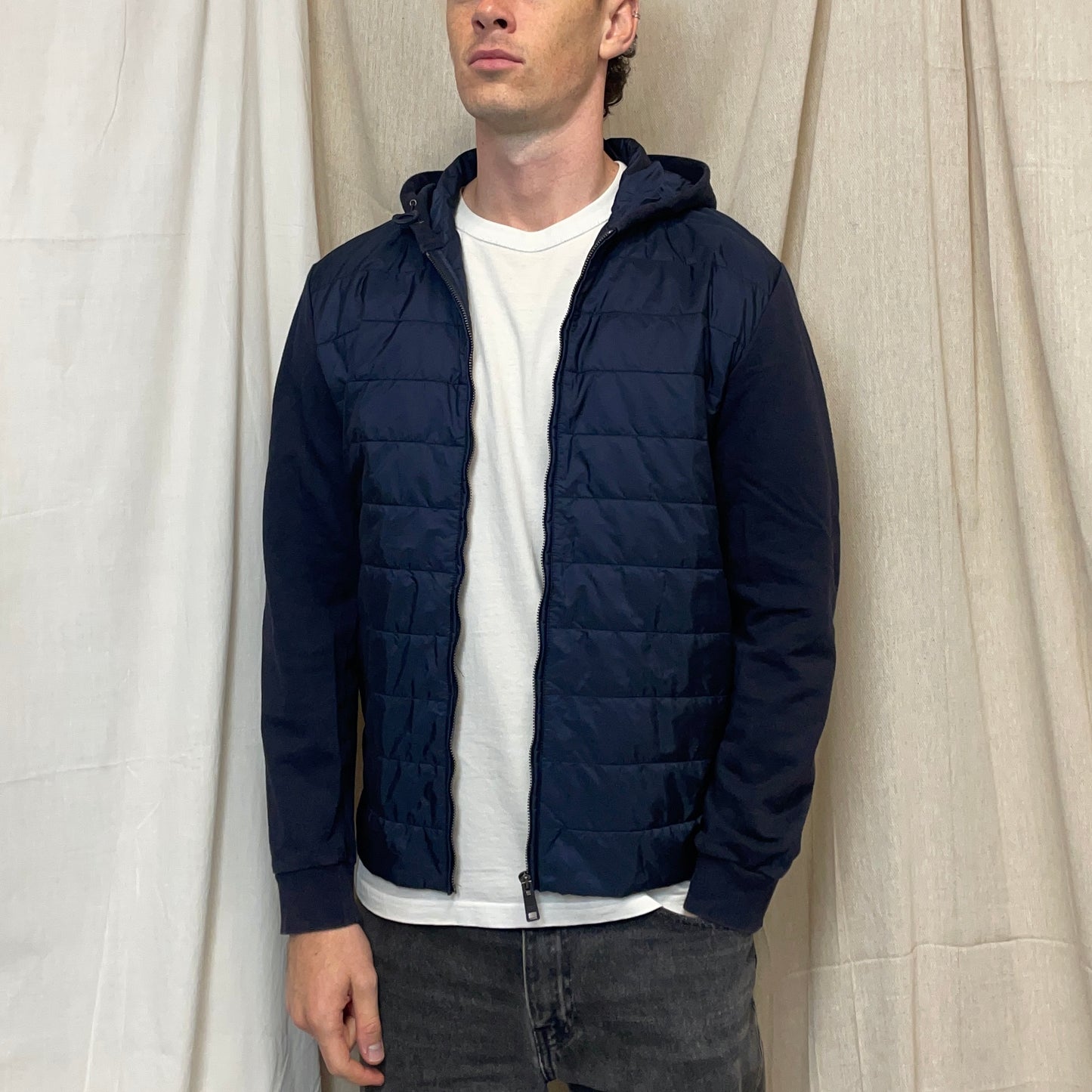 Prada Sport Navy 2019 Nylon Padded Hybrid Hooded Jacket