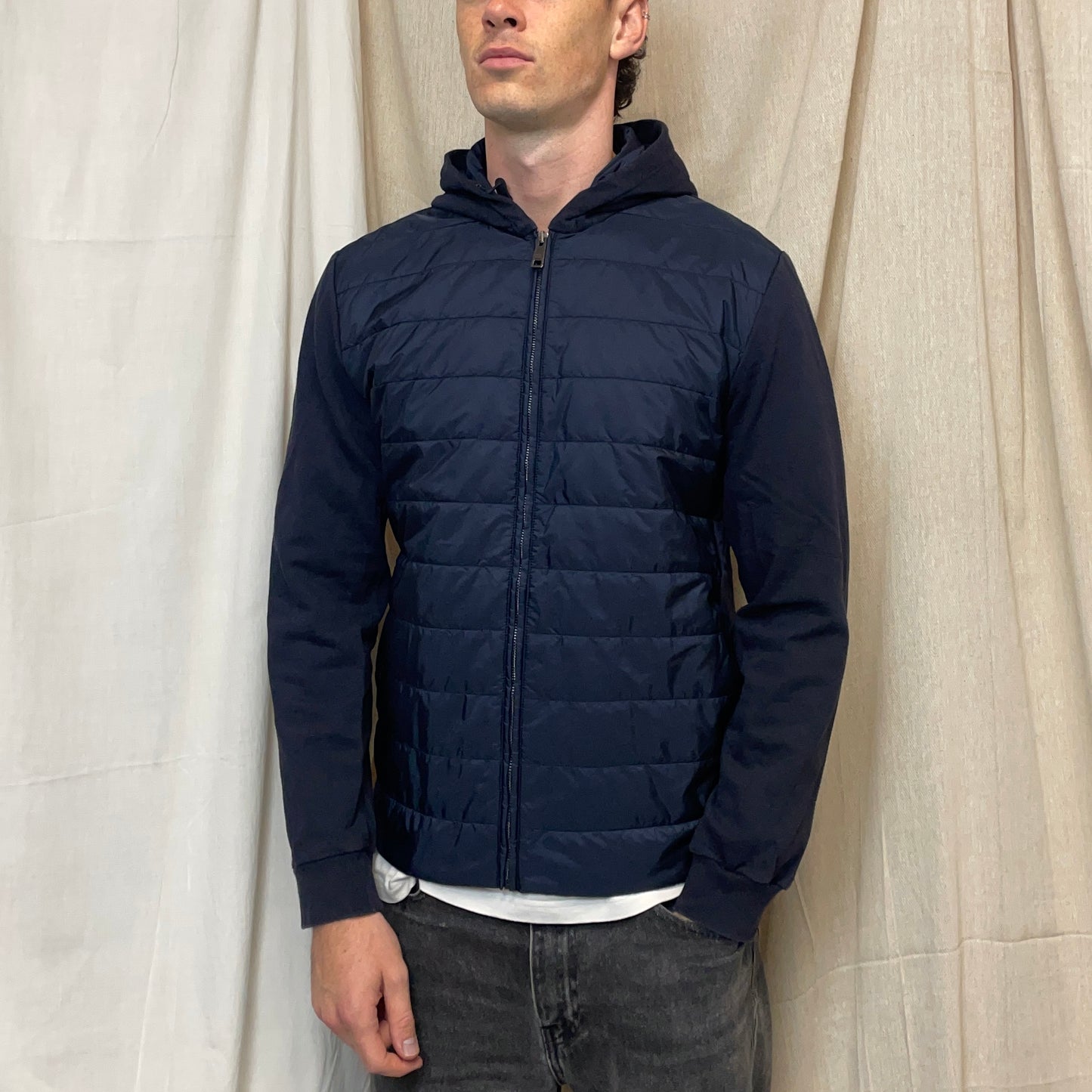 Prada Sport Navy 2019 Nylon Padded Hybrid Hooded Jacket