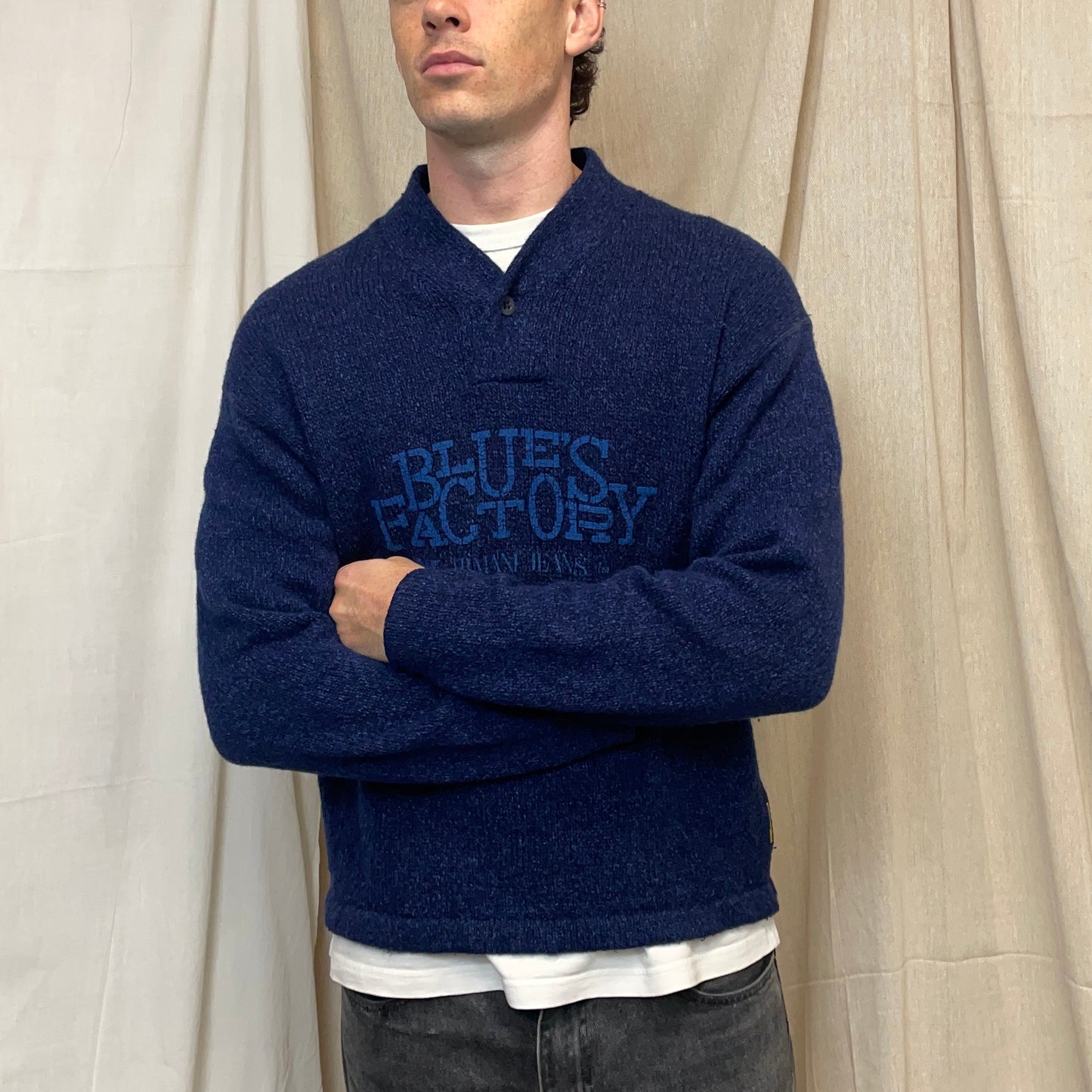 Armani Jeans Blue 90s Silk & Wool Button Collar 'Blues Factory' Jumper