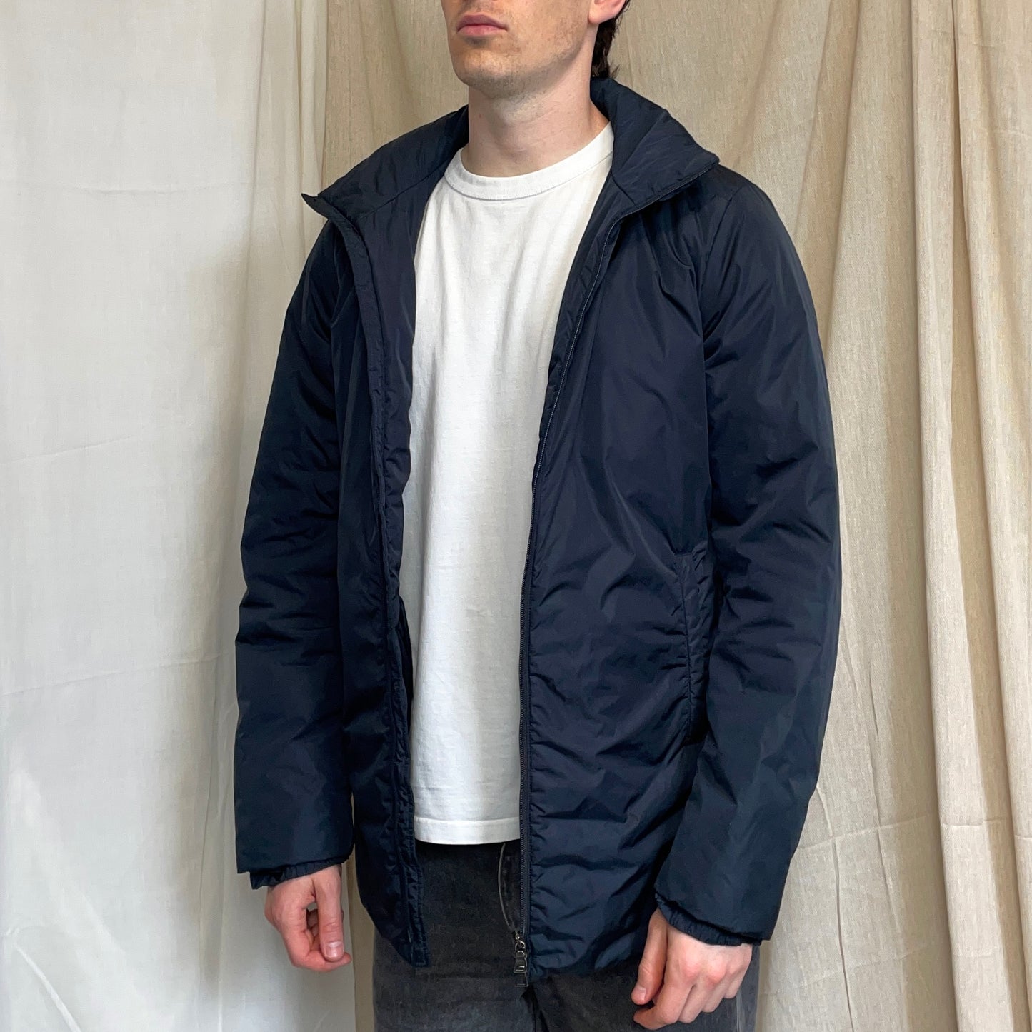 Prada Sport Navy 00s Nylon Padded Concealed Hood Longline Overcoat