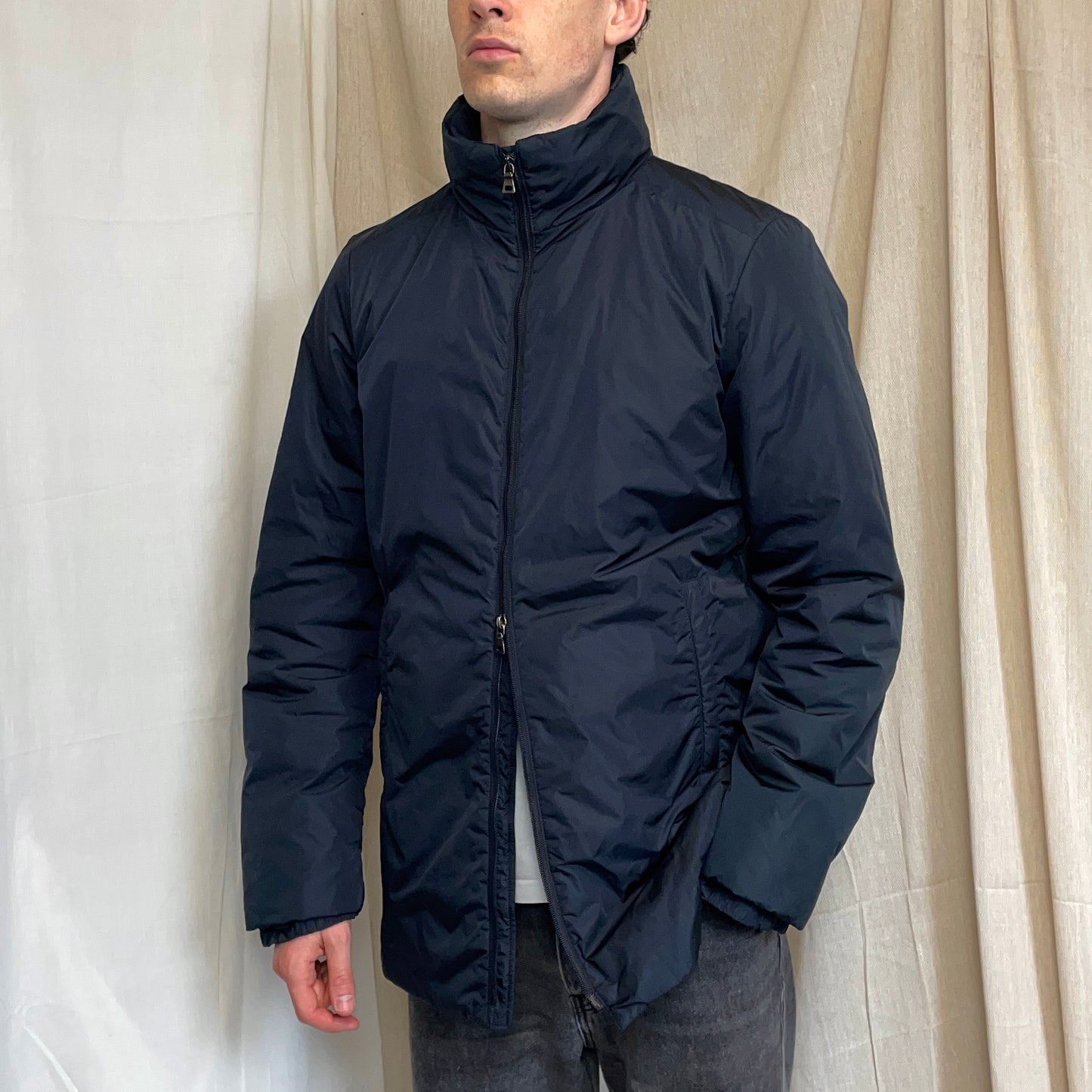 Prada Sport Navy 00s Nylon Padded Concealed Hood Longline Overcoat