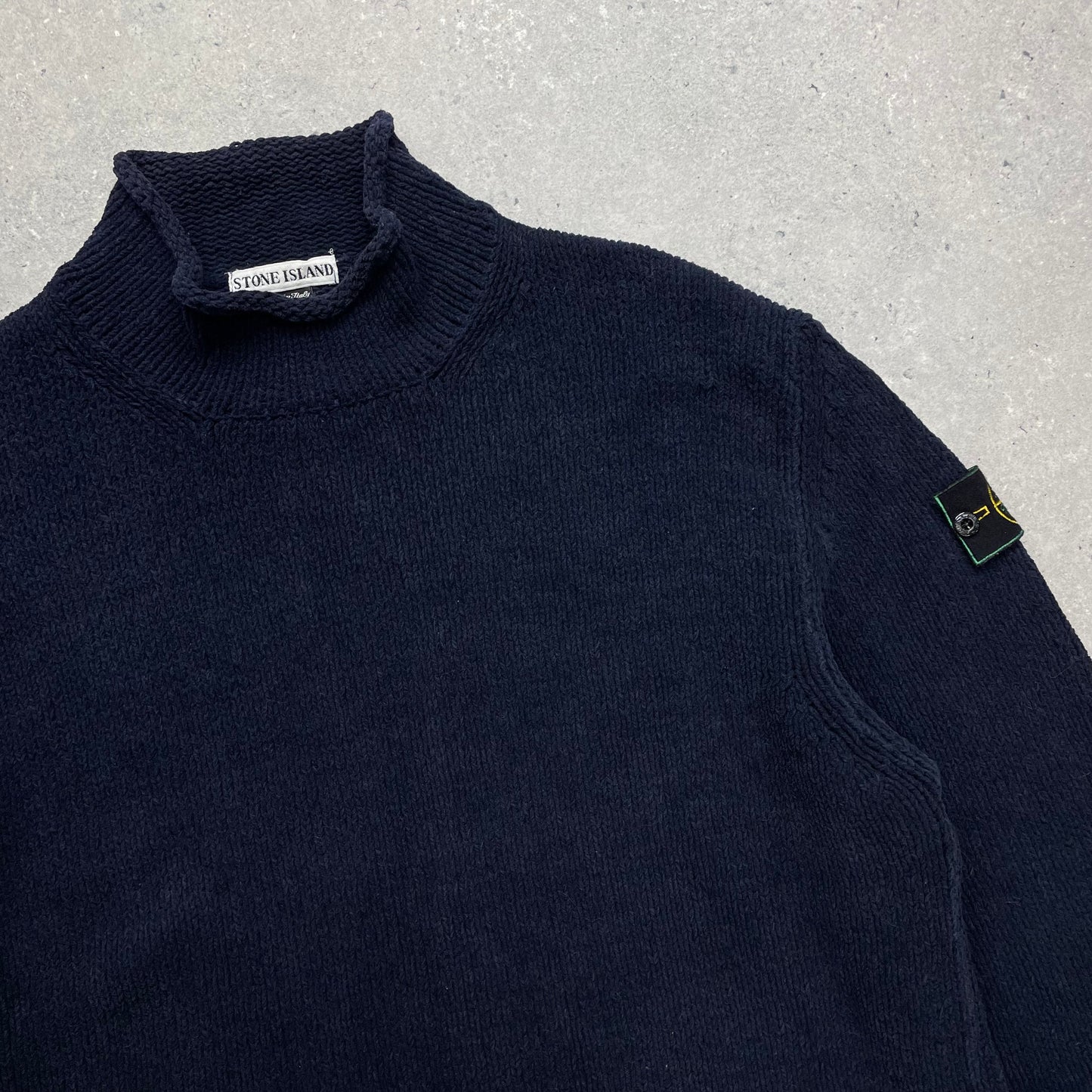 Stone Island Navy Chenille Knit Knit Jumper w/ Green Edge Badge AW98