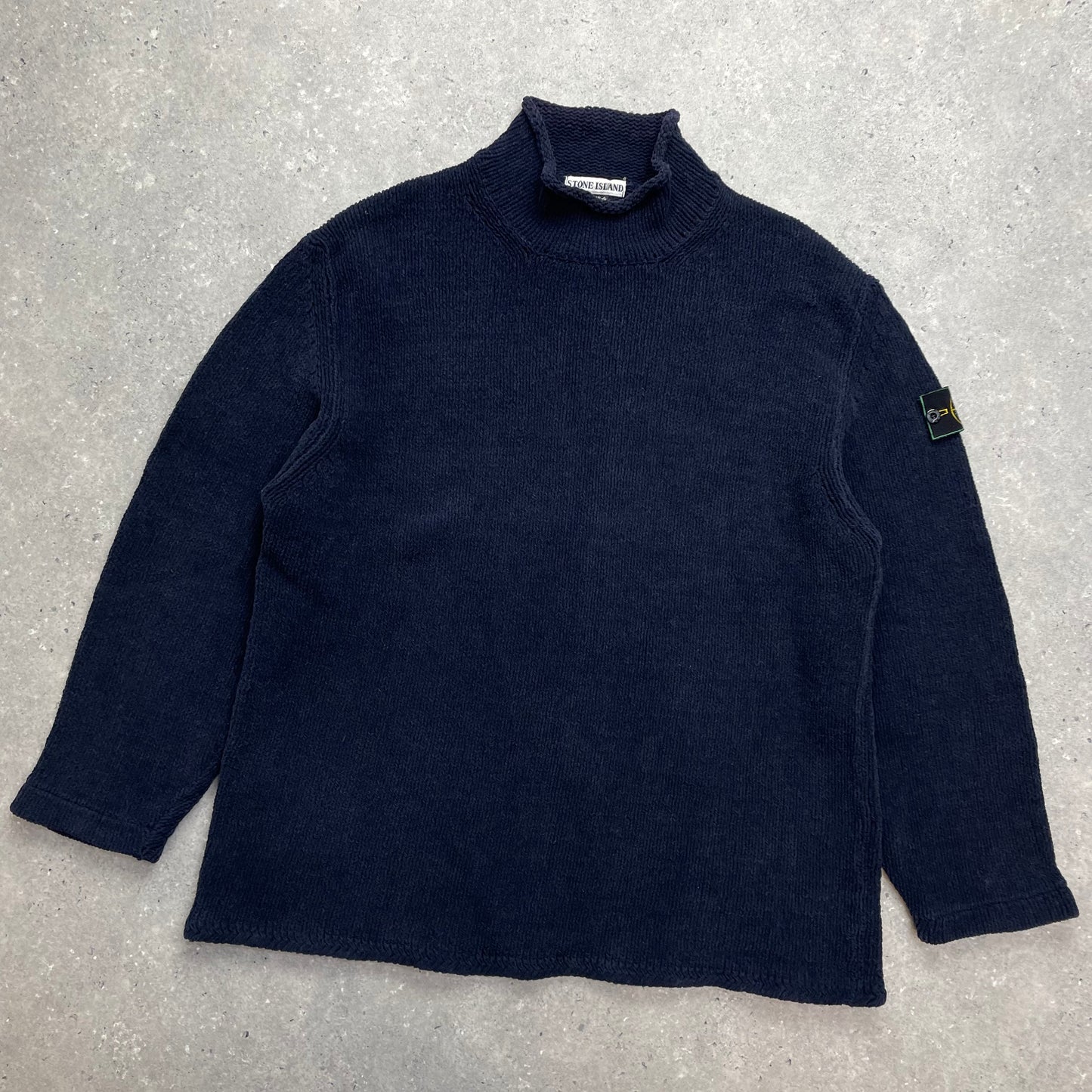 Stone Island Navy Chenille Knit Knit Jumper w/ Green Edge Badge AW98