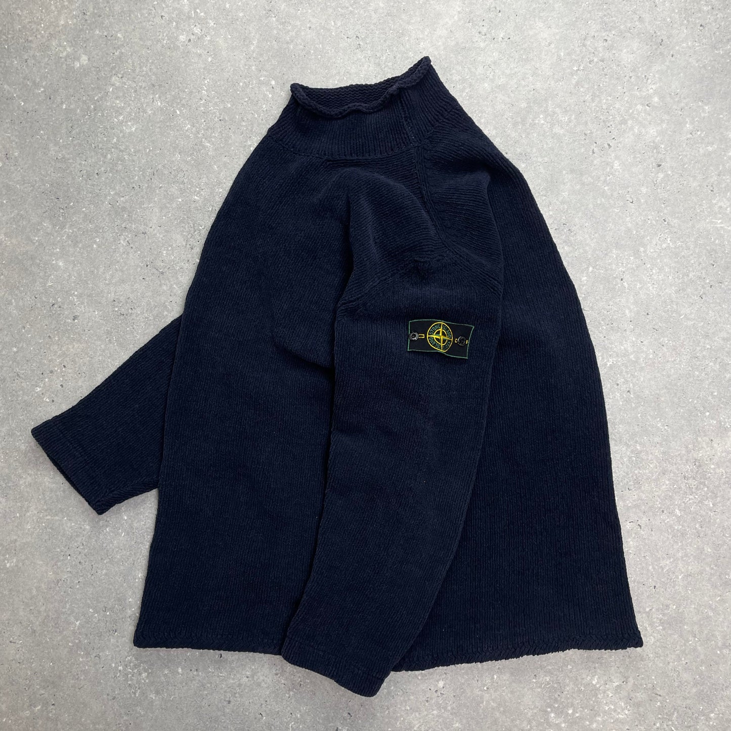 Stone Island Navy Chenille Knit Knit Jumper w/ Green Edge Badge AW98