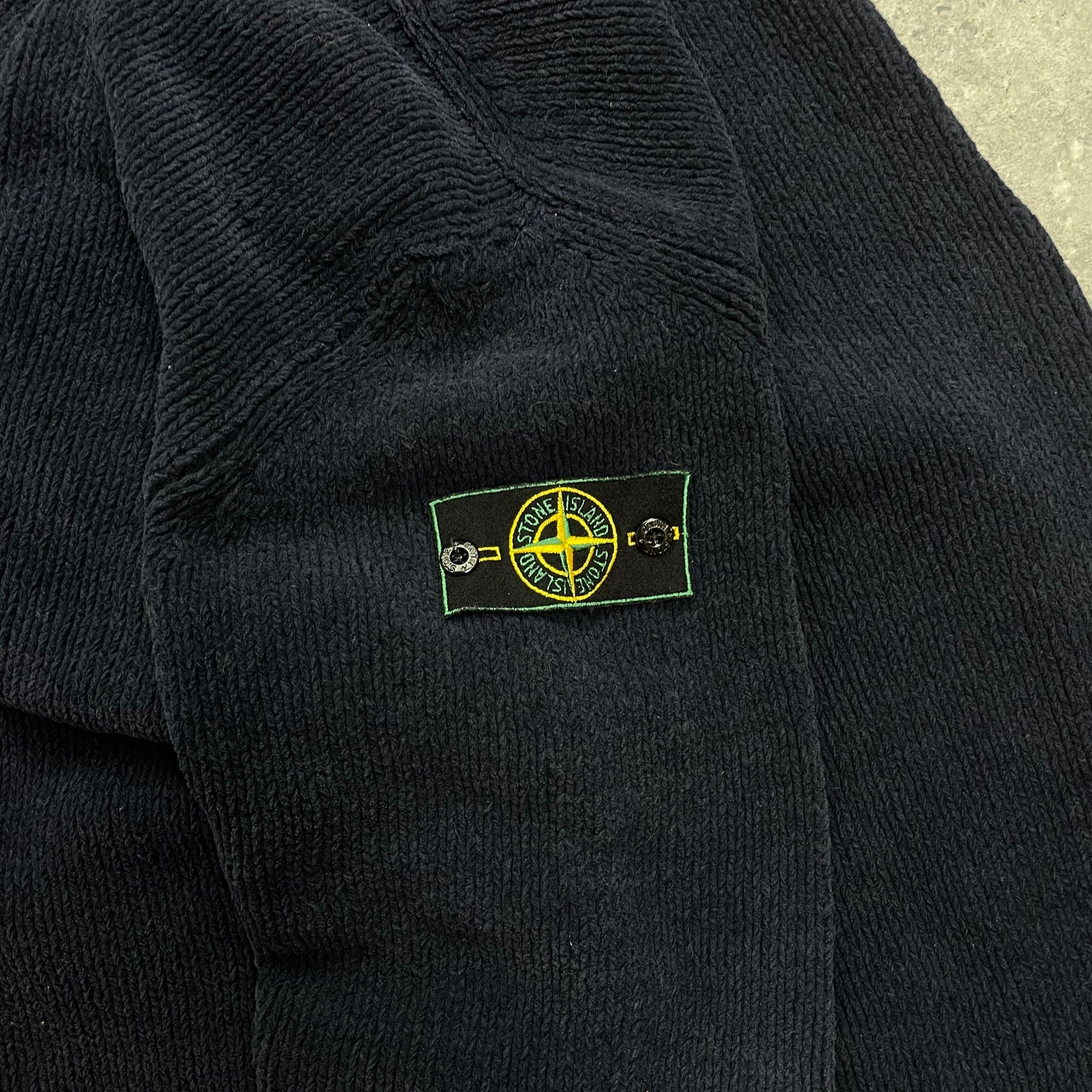 Stone Island Navy Chenille Knit Knit Jumper w/ Green Edge Badge AW98