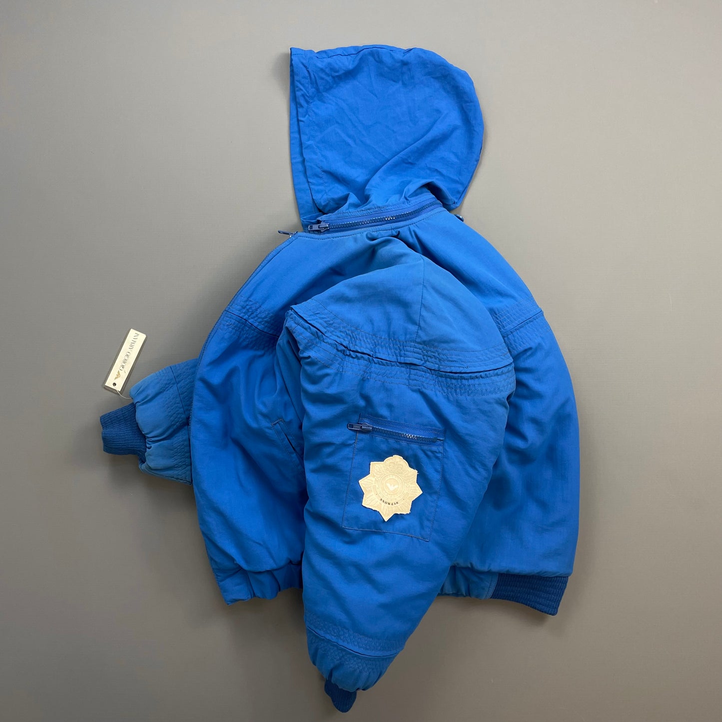 Giorgio Armani Electric Blue 80s Snowear Hooded Bomber Jacket