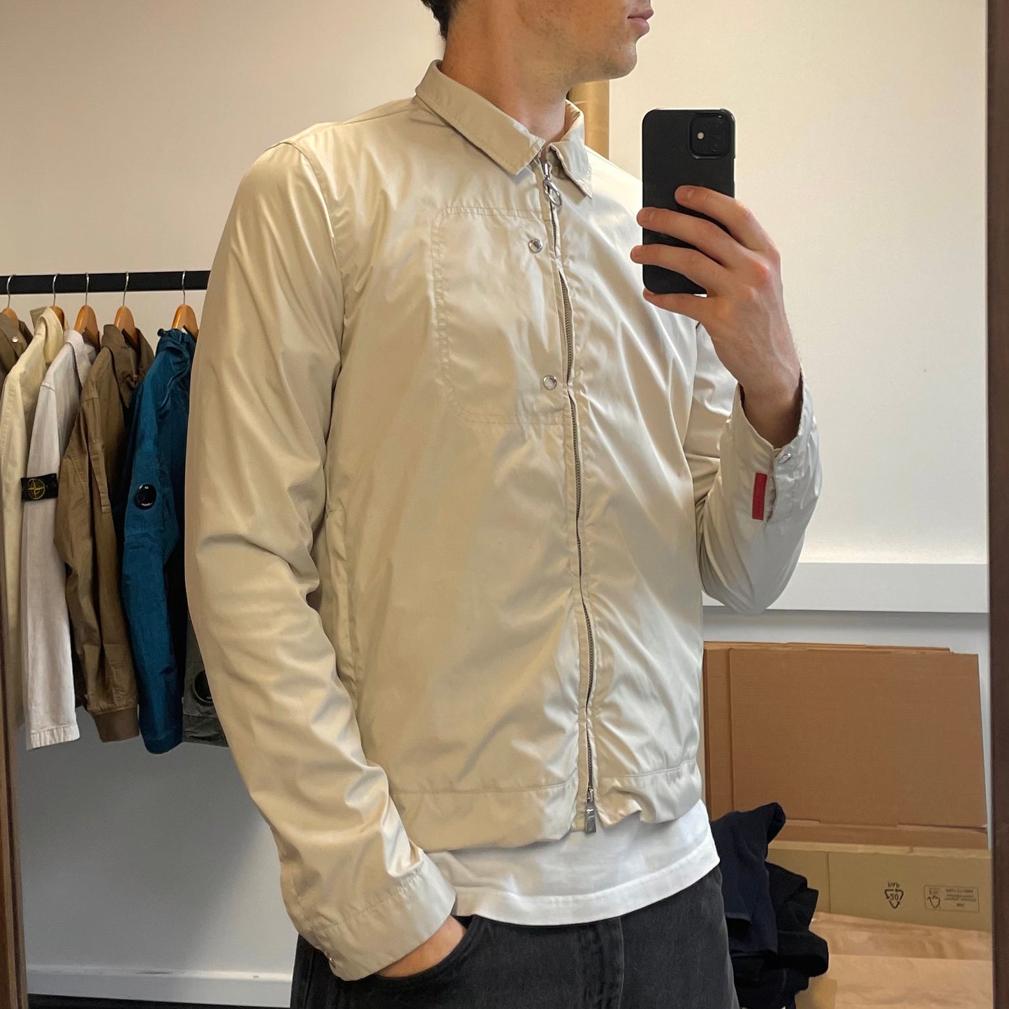 Prada Cream Harrington Two-Way Zip Jacket Tg50