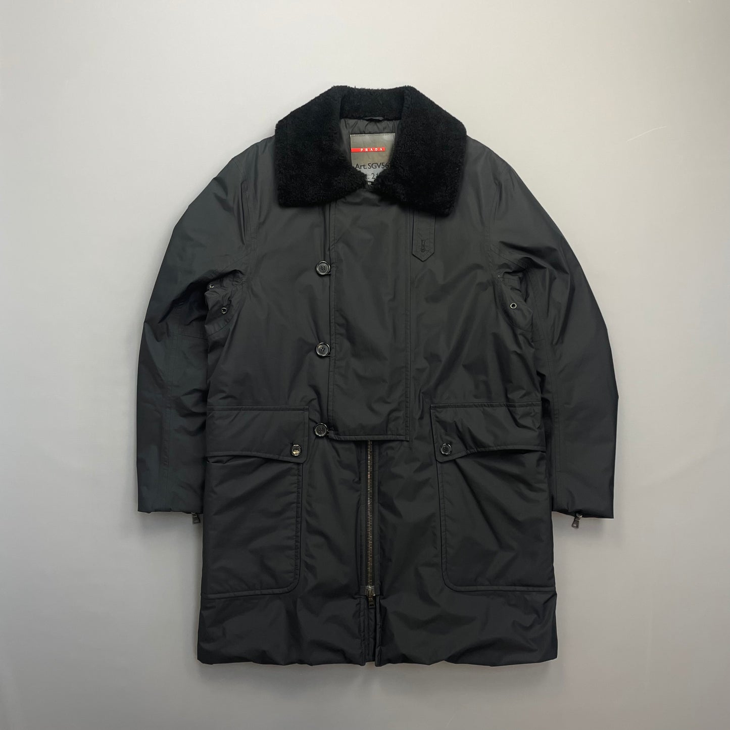 Prada Sport Black Nylon Sheep Fur Padded Long Coat