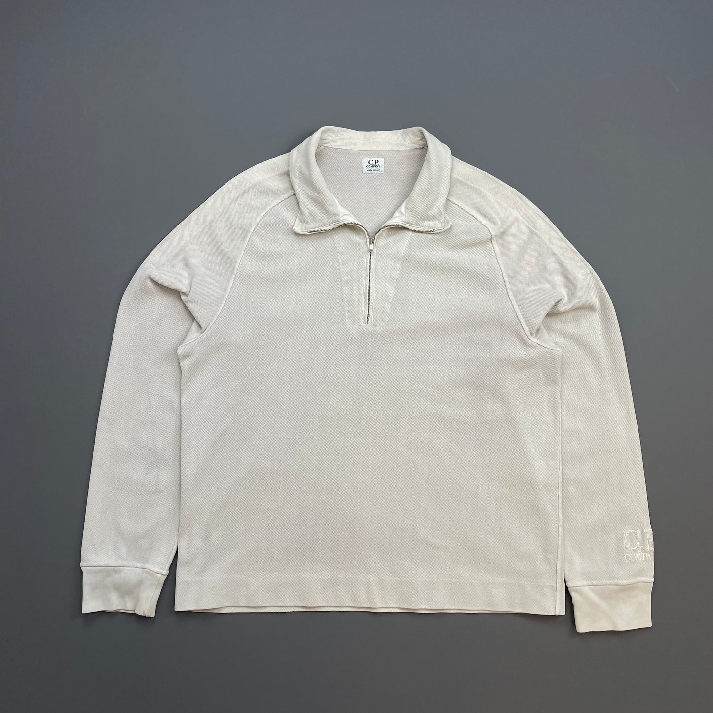 C.P. Company White SS03 Canvas Cotton Cuff Spellout Zip-Collar Jumper