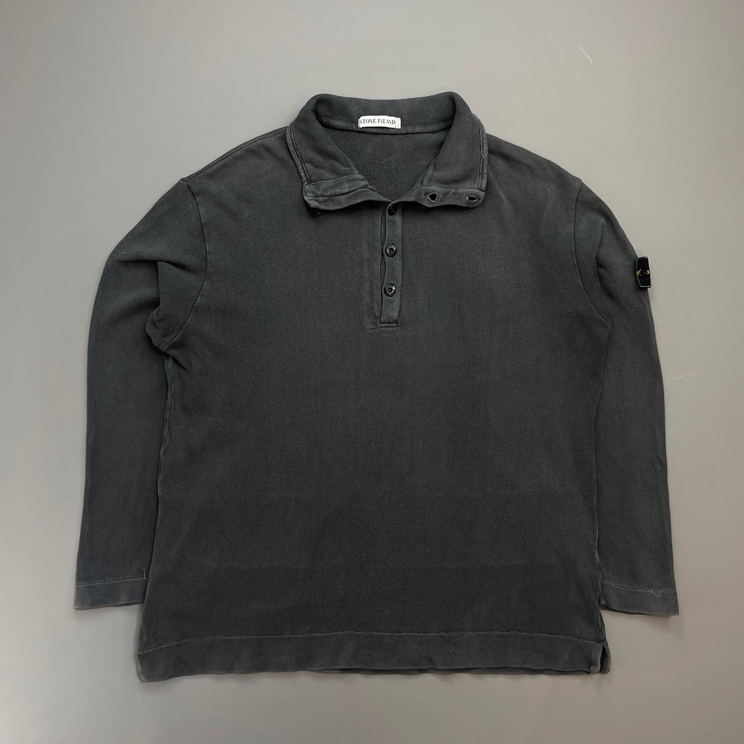 Stone Island Grey AW99 Cotton Button-Up Collar Green Edge Badge Jumper