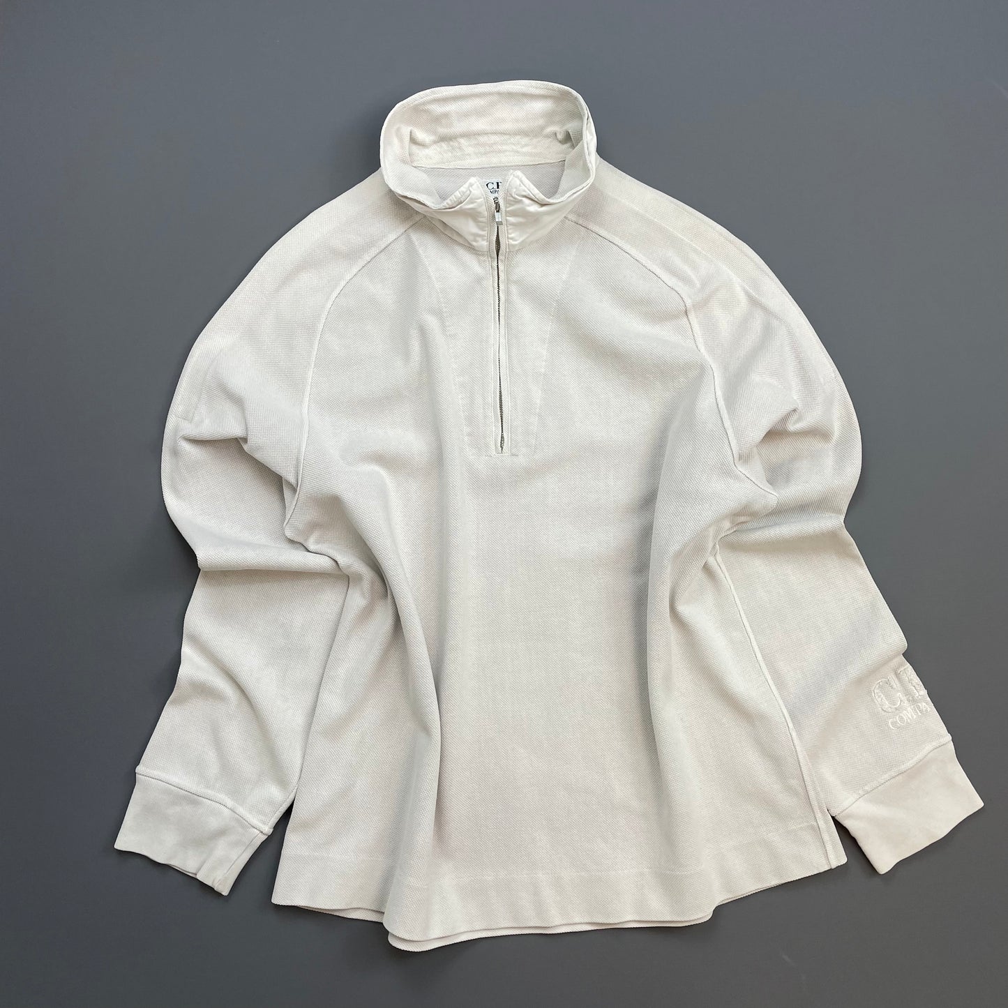 C.P. Company White SS03 Canvas Cotton Cuff Spellout Zip-Collar Jumper