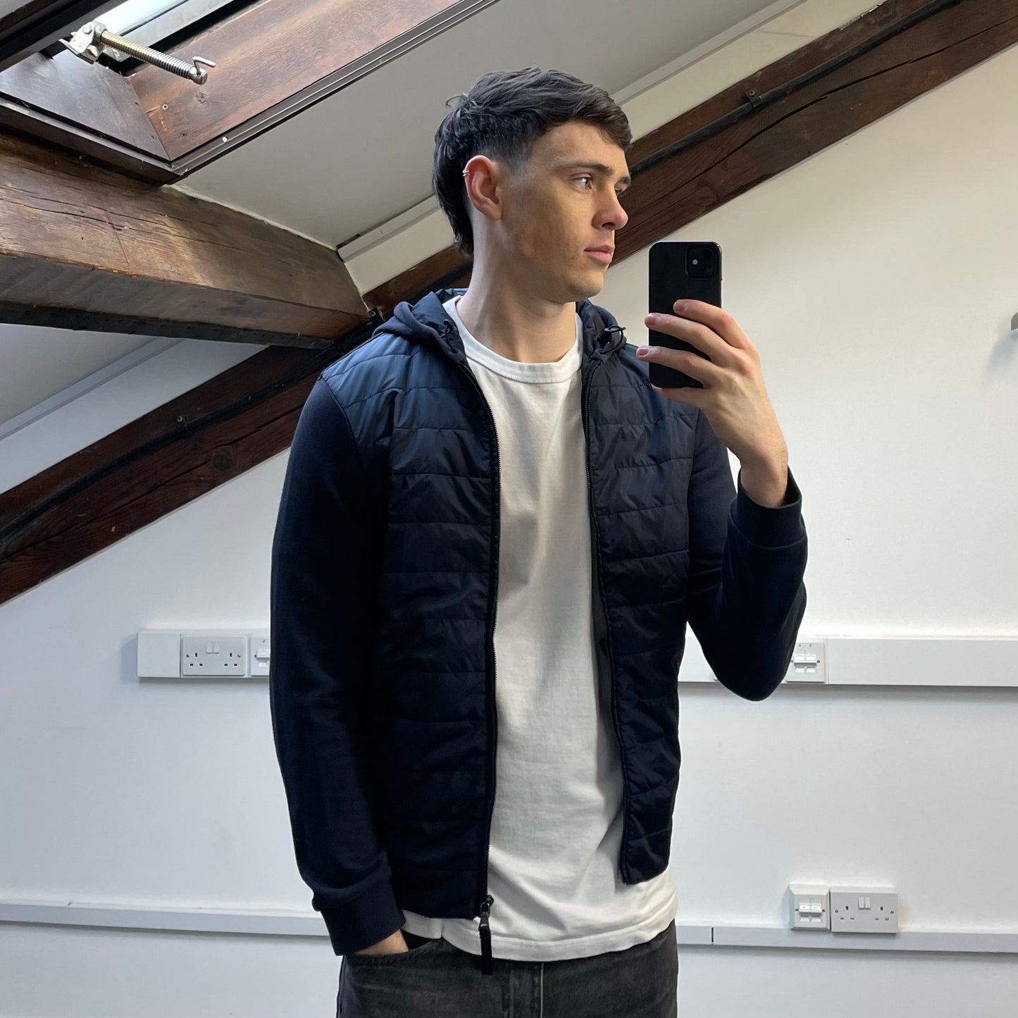 Prada Sport Navy Nylon Padded Hybrid Hooded Jacket