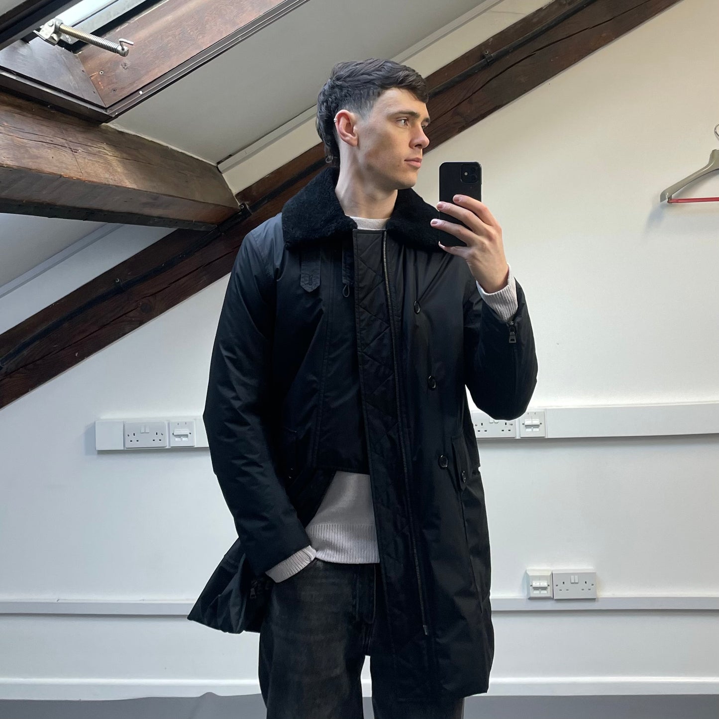 Prada Sport Black Nylon Sheep Fur Padded Long Coat