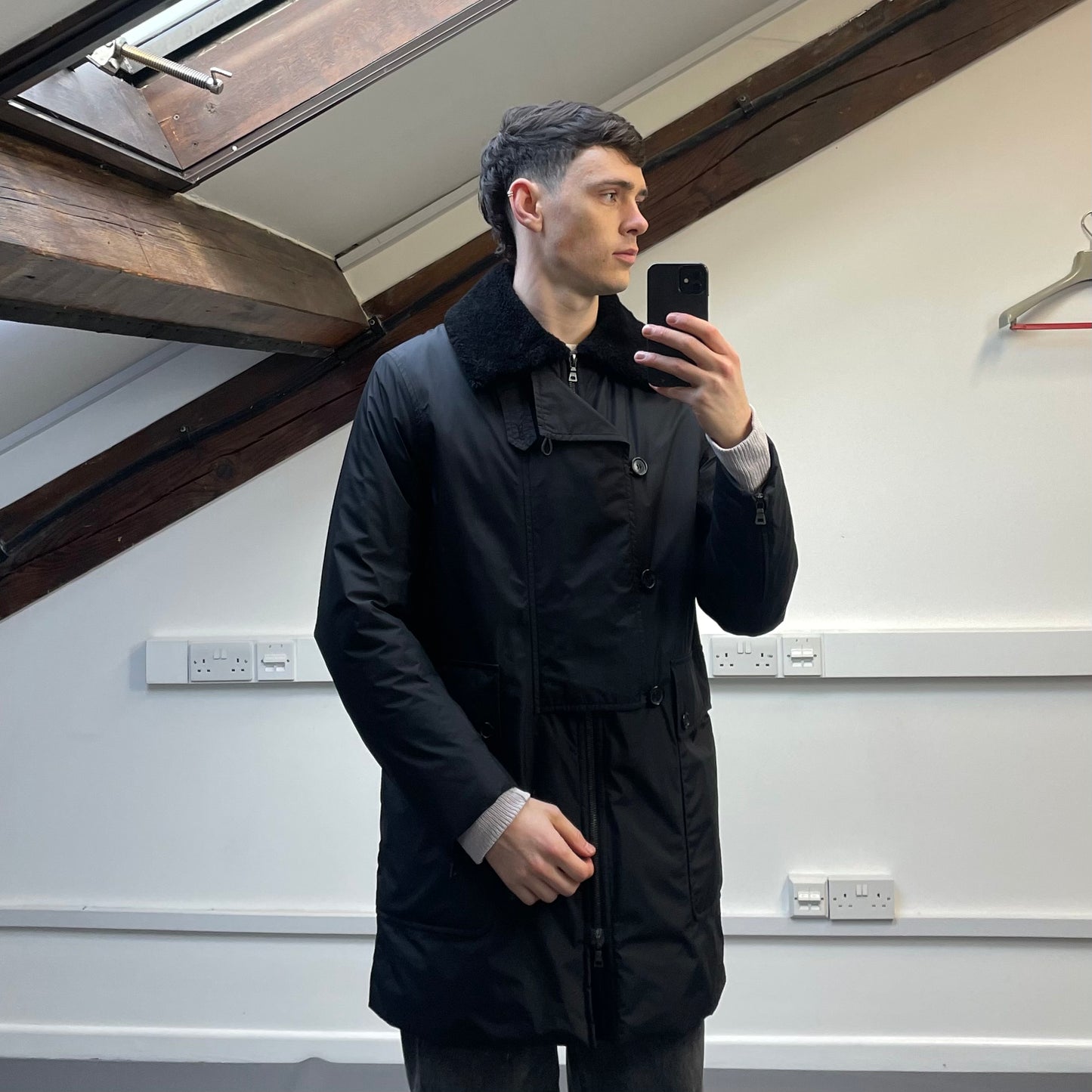 Prada Sport Black Nylon Sheep Fur Padded Long Coat