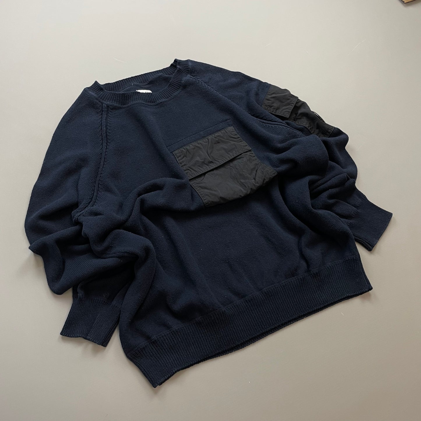 CP Company Navy & Black Nylon Pocket Knit Lens Jumper