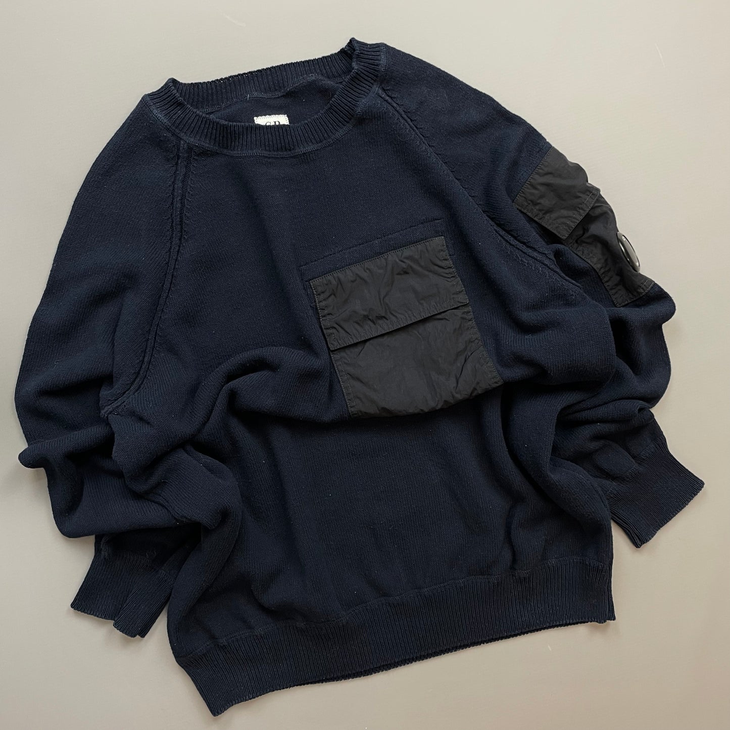 CP Company Navy & Black Nylon Pocket Knit Lens Jumper