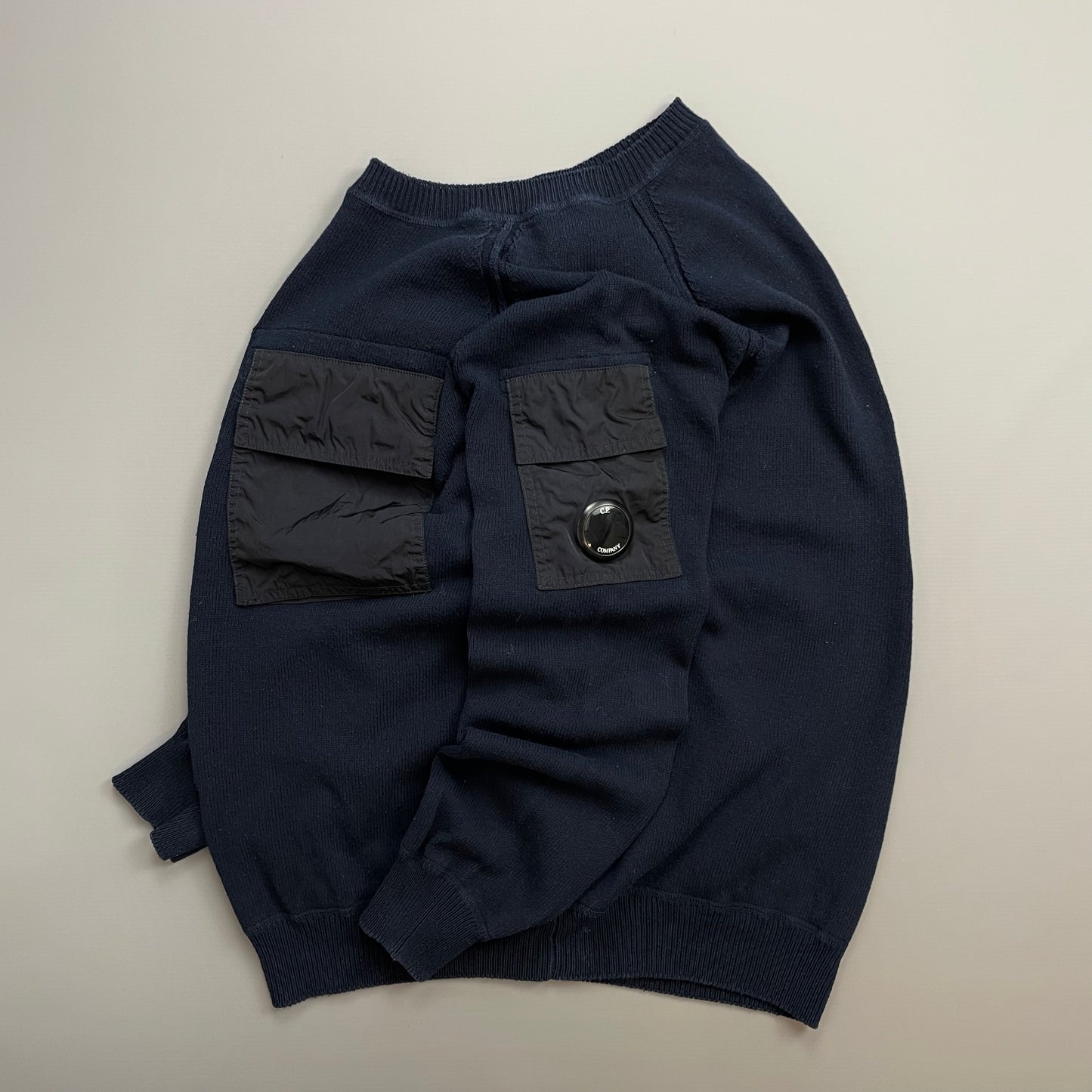 CP Company Navy & Black Nylon Pocket Knit Lens Jumper