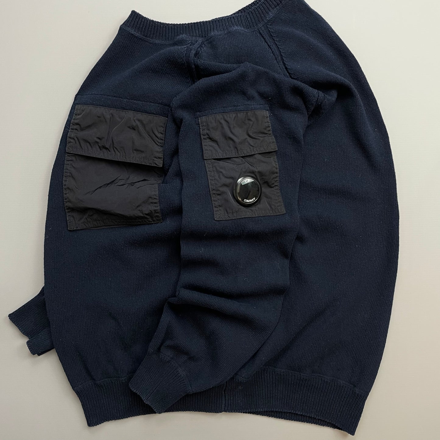 CP Company Navy & Black Nylon Pocket Knit Lens Jumper