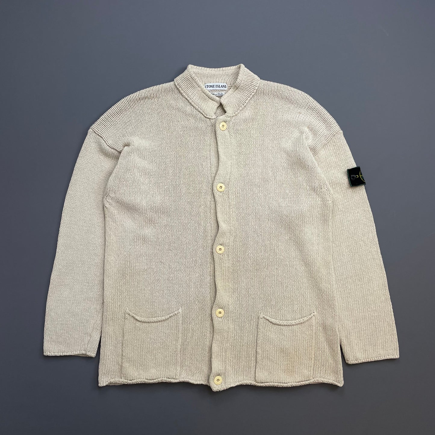 Stone Island Cream SS95 Silk Linen Button-Through Green Edge Badge Knit Cardigan Jumper