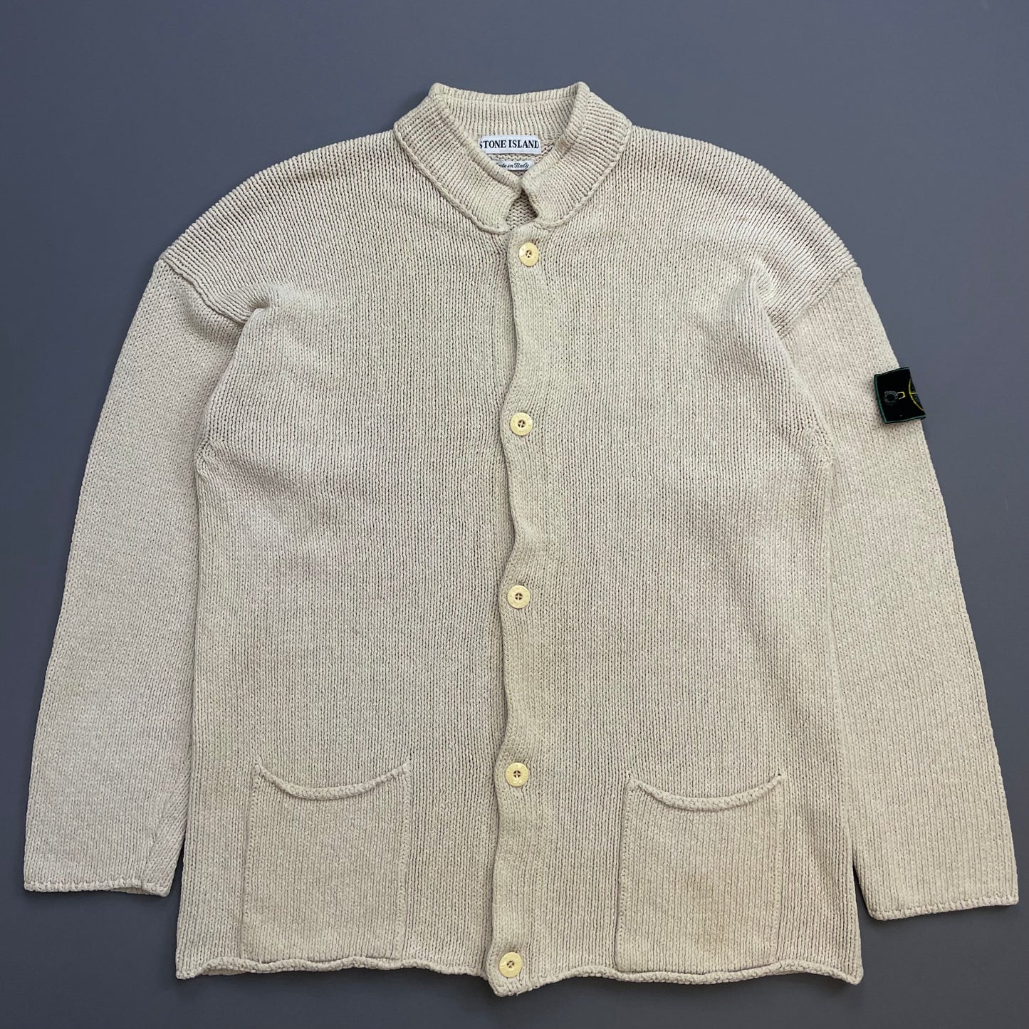 Stone Island Cream SS95 Silk Linen Button-Through Green Edge Badge Knit Cardigan Jumper