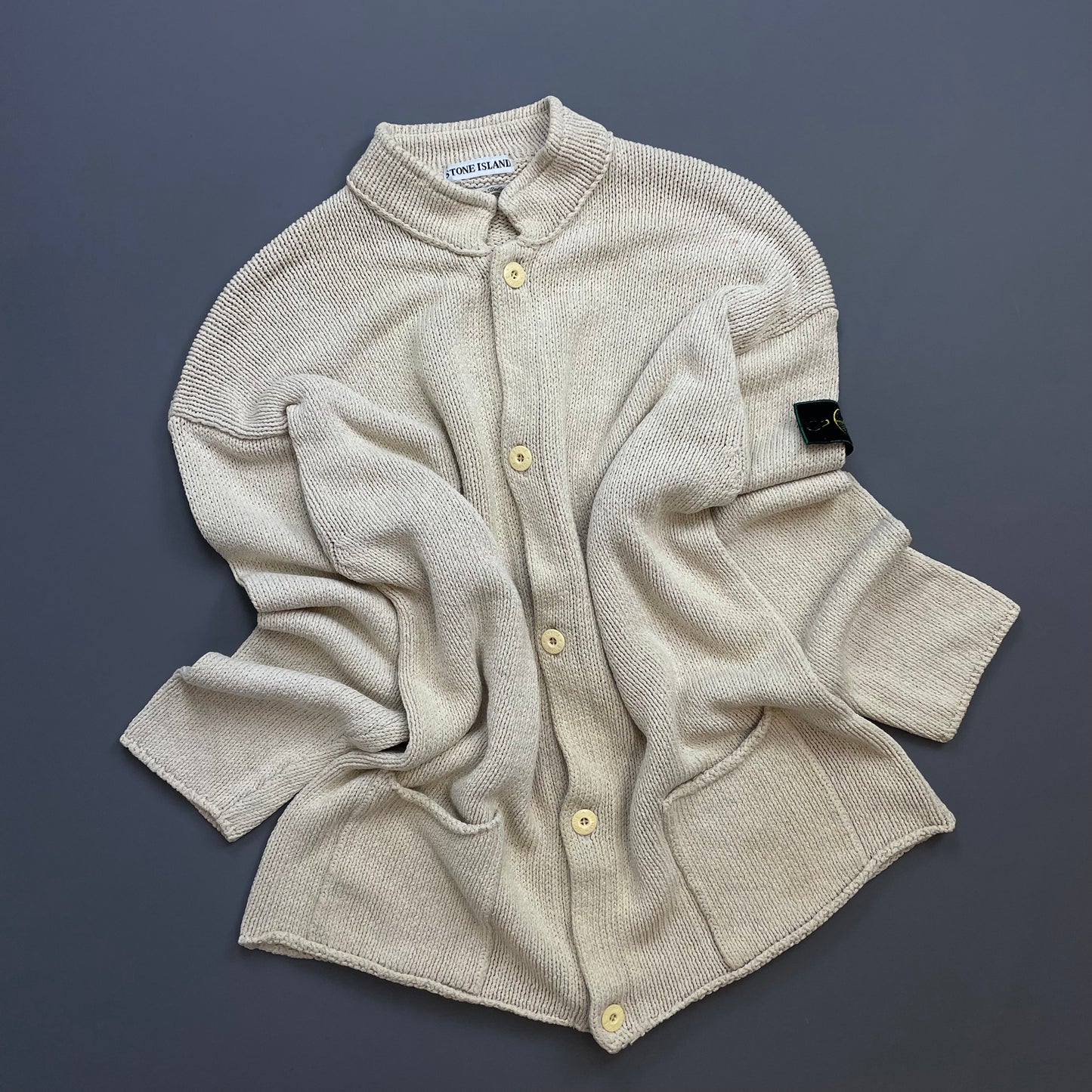 Stone Island Cream SS95 Silk Linen Button-Through Green Edge Badge Knit Cardigan Jumper