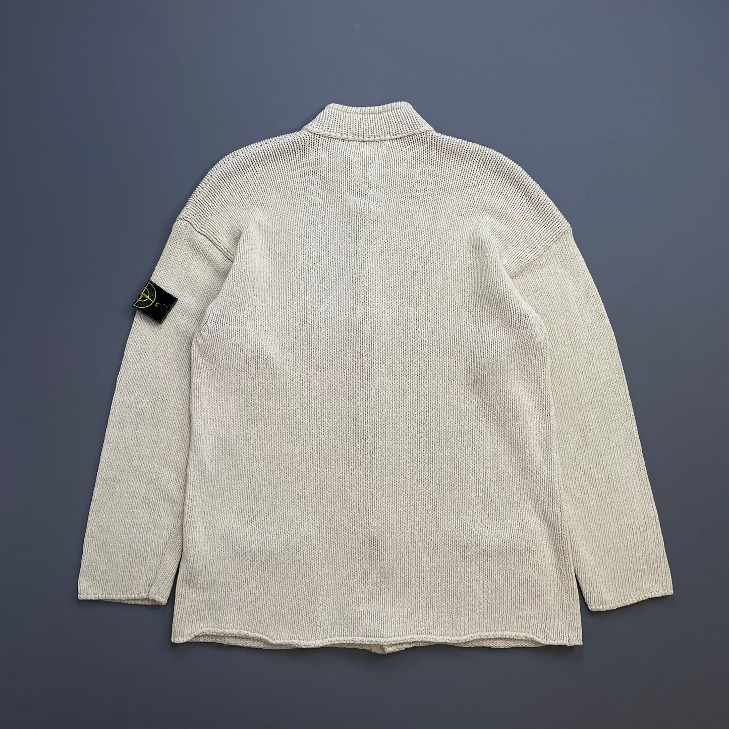 Stone Island Cream SS95 Silk Linen Button-Through Green Edge Badge Knit Cardigan Jumper