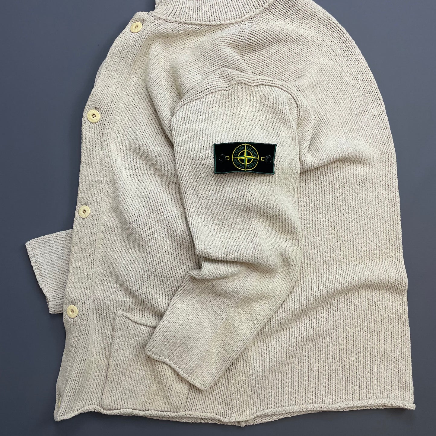 Stone Island Cream SS95 Silk Linen Button-Through Green Edge Badge Knit Cardigan Jumper