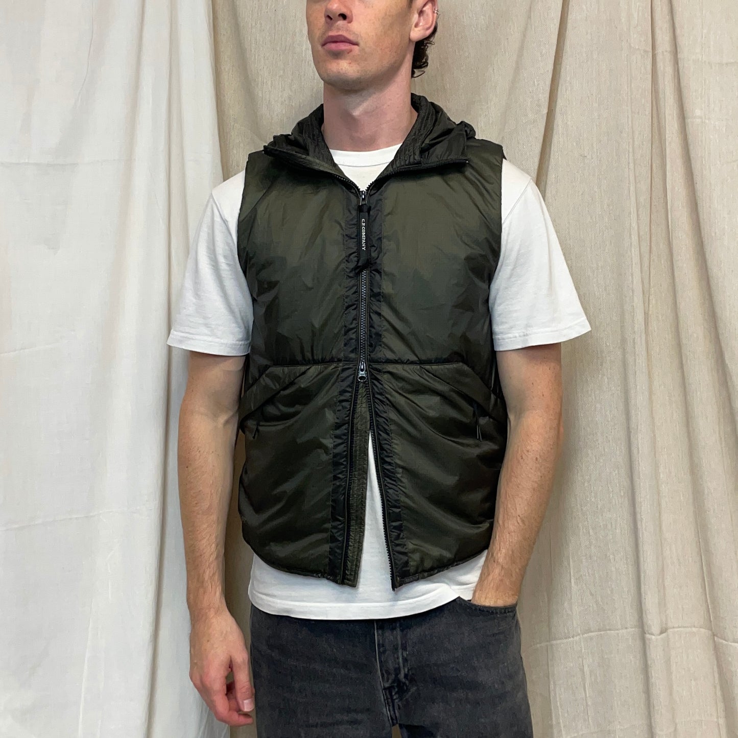 C.P. Company Khaki Green Nada Shell Primaloft Hooded Goggle Nylon Gilet Vest