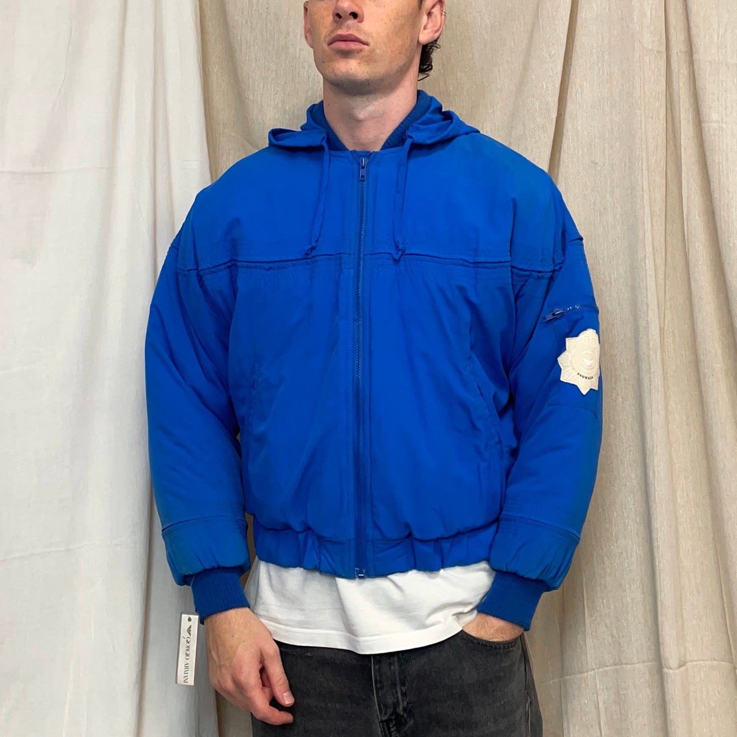 Giorgio Armani Electric Blue 80s Snowear Hooded Bomber Jacket