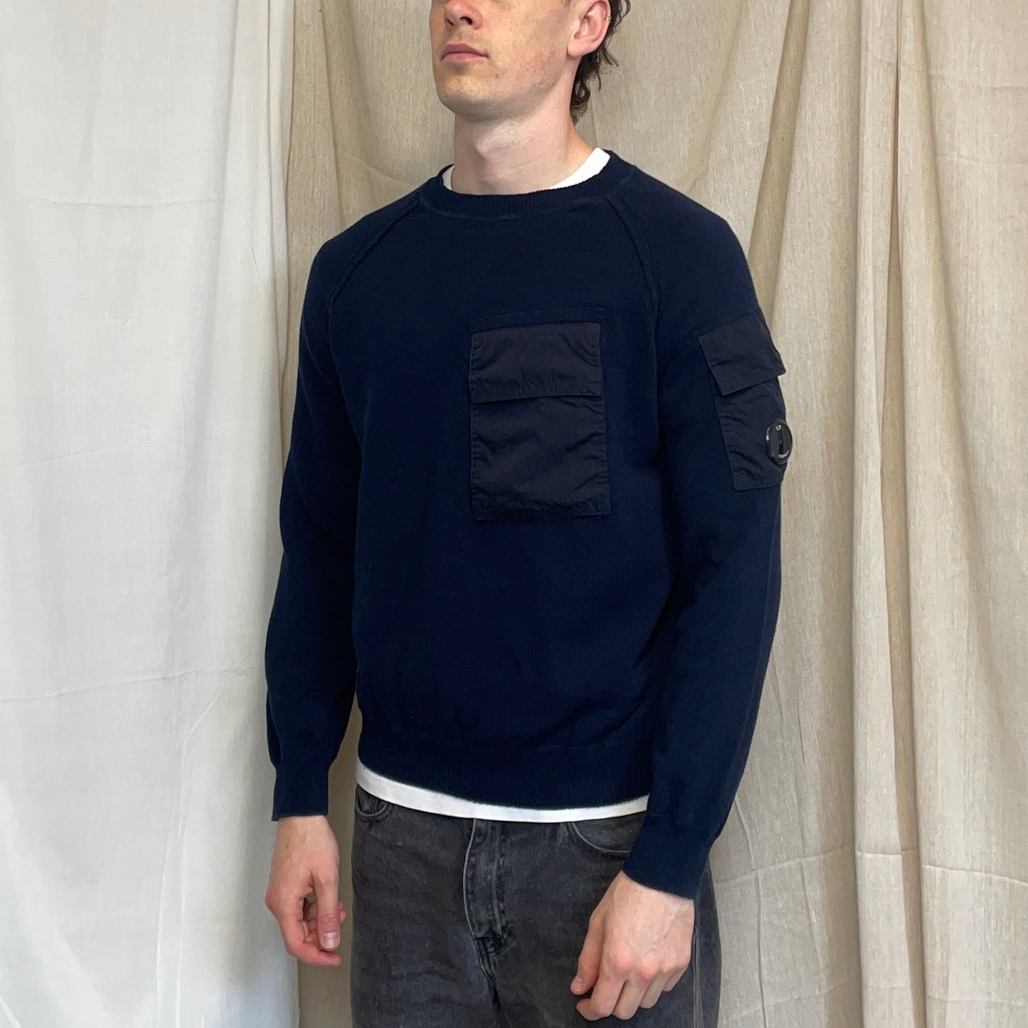 CP Company Navy & Black Nylon Pocket Knit Lens Jumper