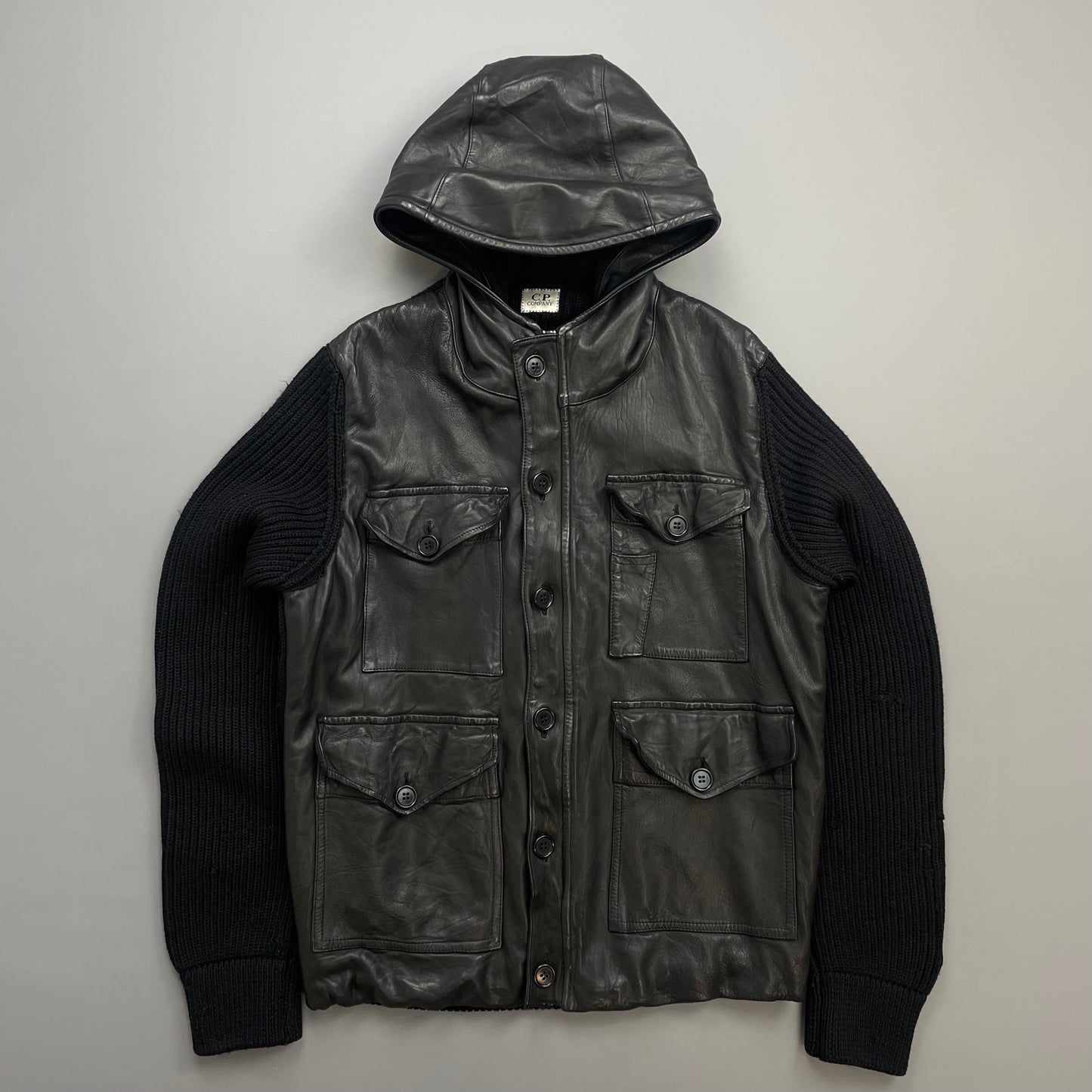 C.P. Company Black Leather & Navy Wool AW07 Hooded Jacket