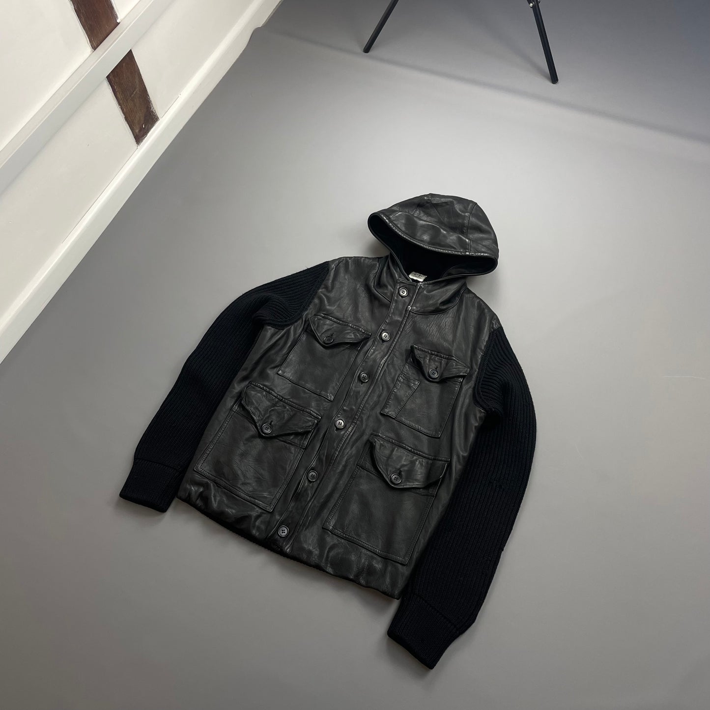 C.P. Company Black Leather & Navy Wool AW07 Hooded Jacket