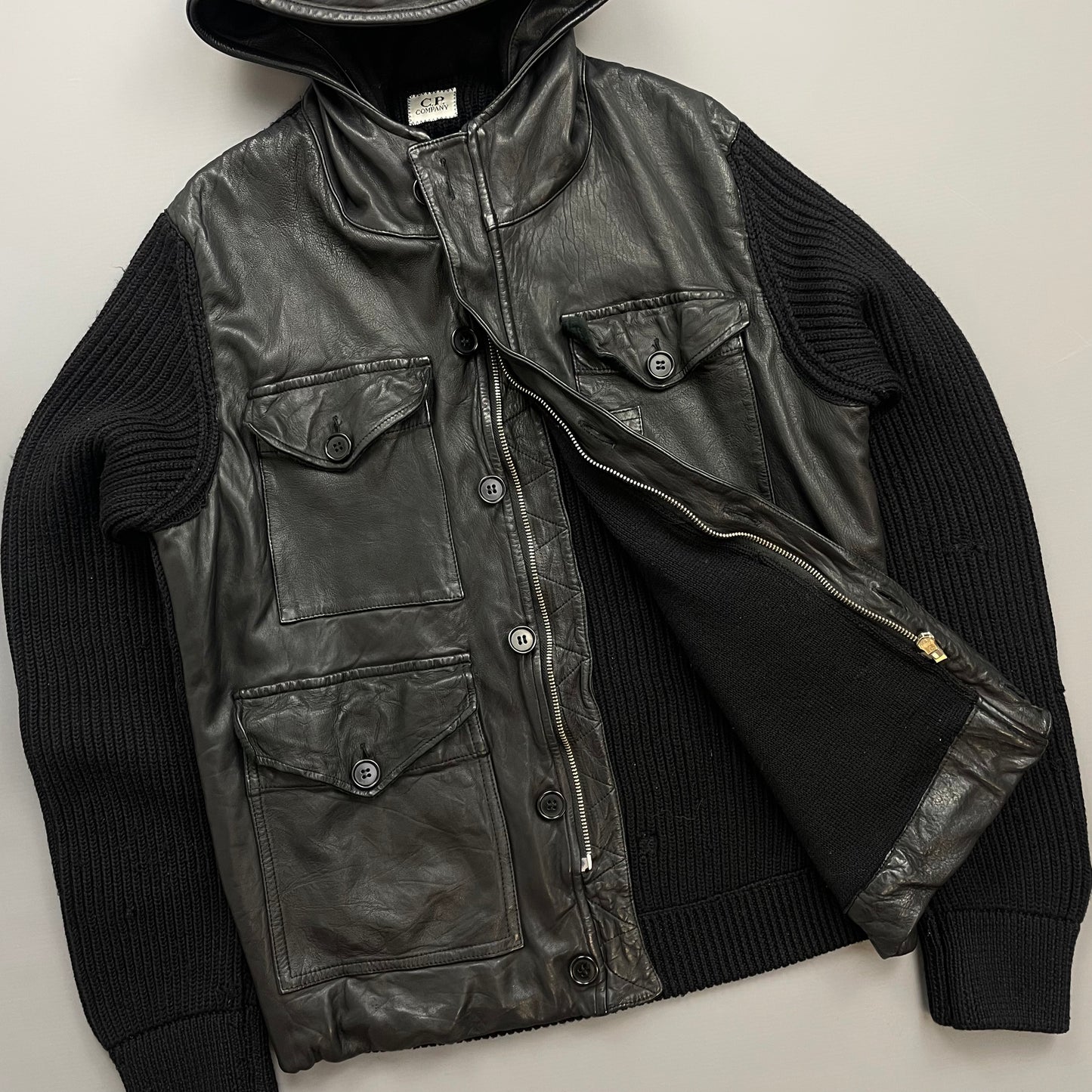 C.P. Company Black Leather & Navy Wool AW07 Hooded Jacket