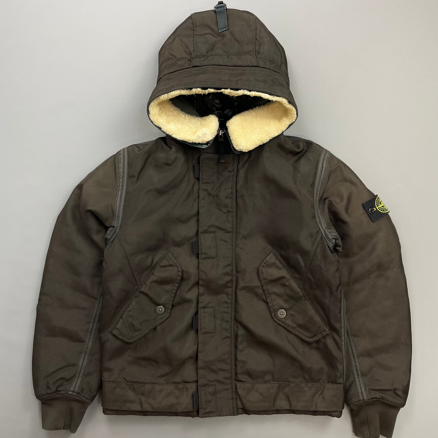 Stone Island Khaki Brown AW10 Shearling Hooded Padded Oxford Nylon Bomber Jacket