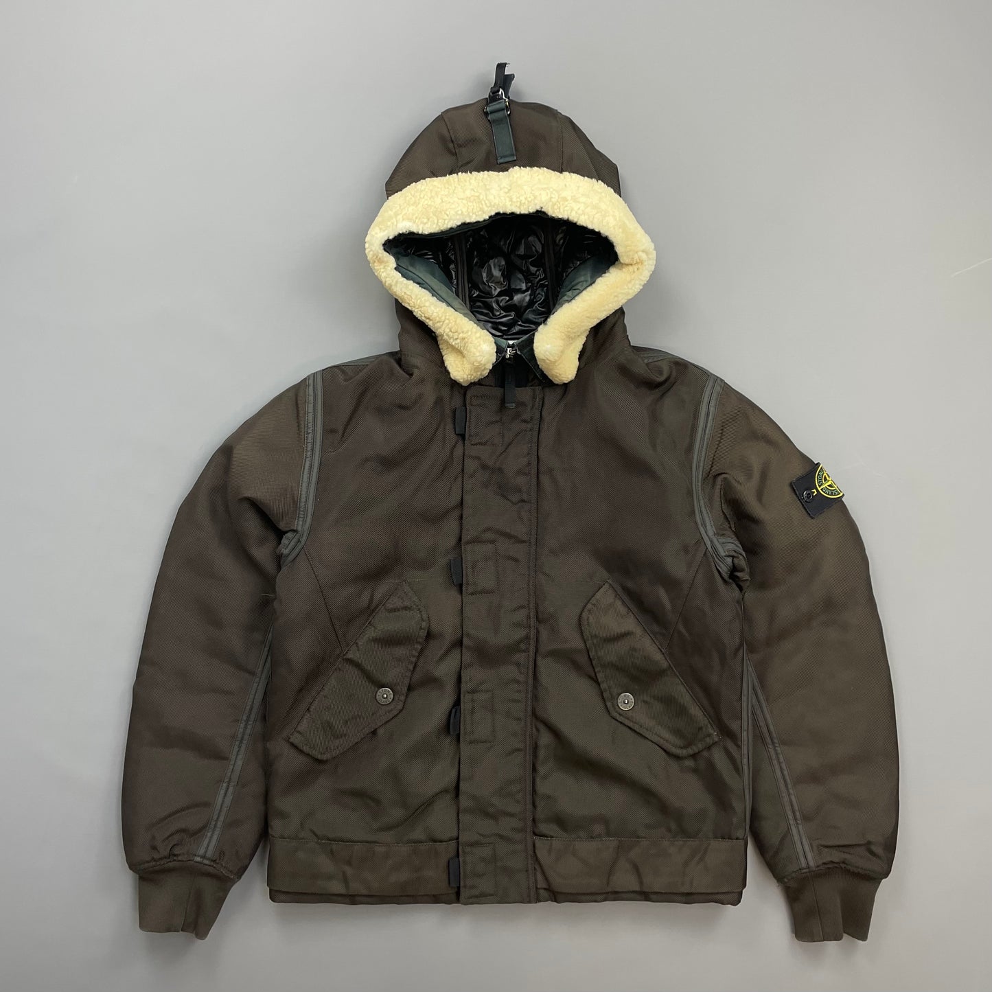 Stone Island Khaki Brown AW10 Shearling Hooded Padded Oxford Nylon Bomber Jacket