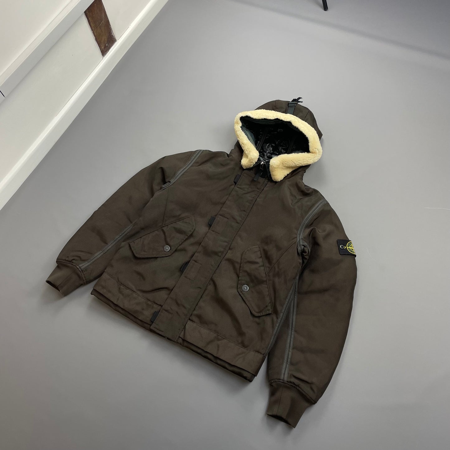 Stone Island Khaki Brown AW10 Shearling Hooded Padded Oxford Nylon Bomber Jacket
