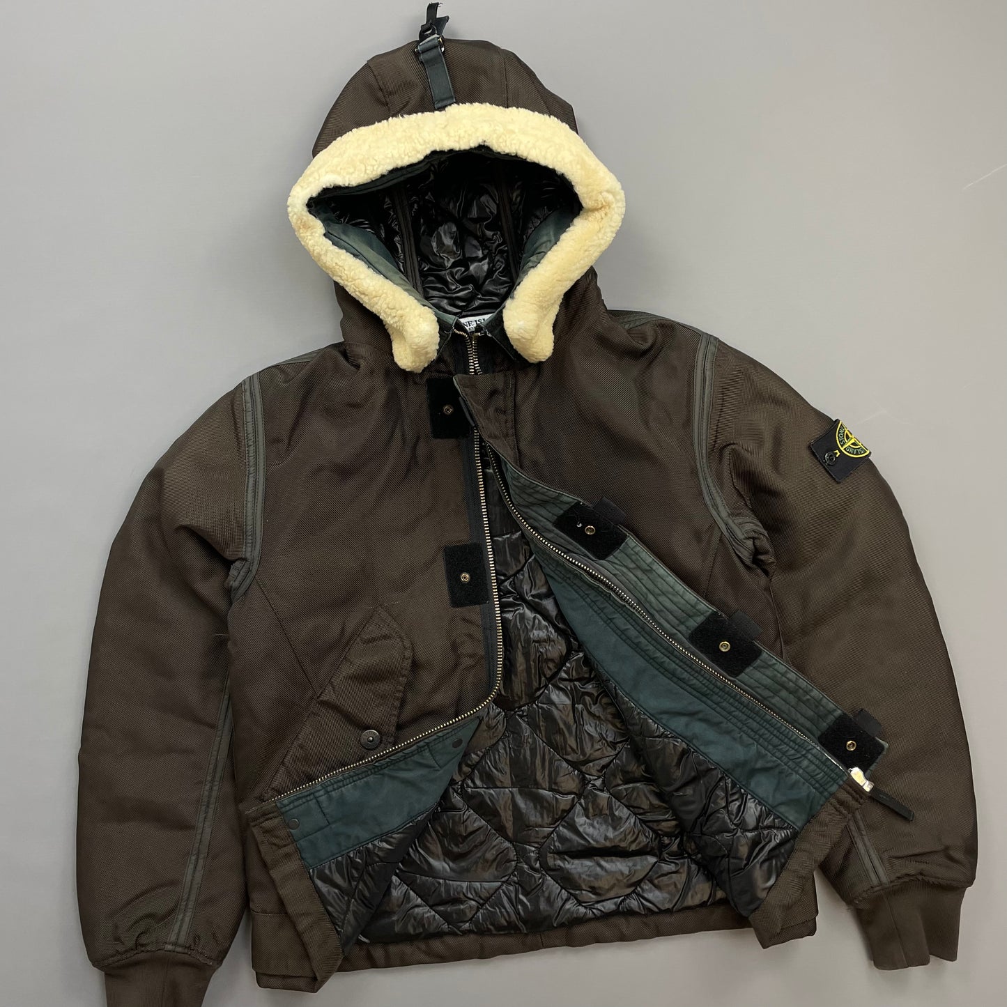 Stone Island Khaki Brown AW10 Shearling Hooded Padded Oxford Nylon Bomber Jacket