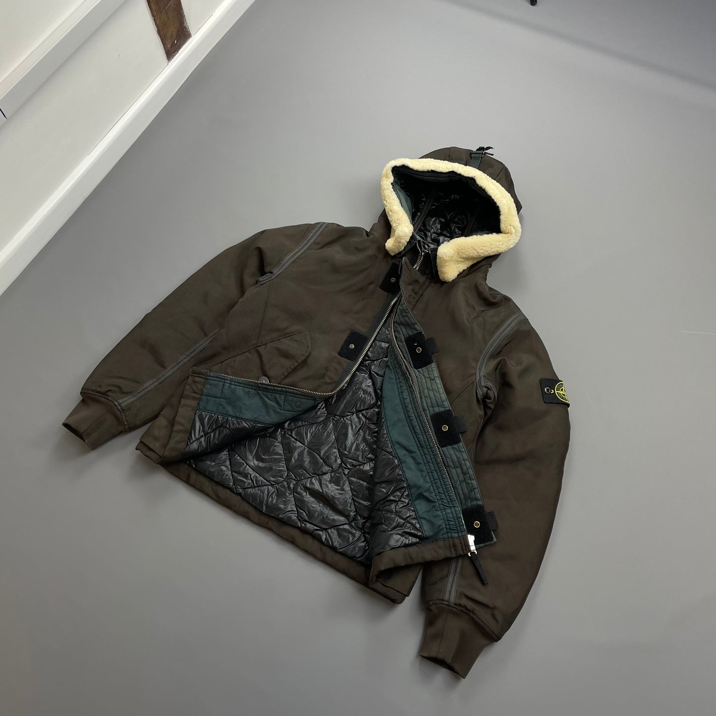 Stone Island Khaki Brown AW10 Shearling Hooded Padded Oxford Nylon Bomber Jacket