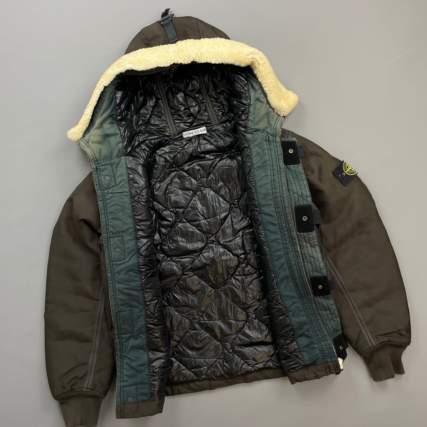Stone Island Khaki Brown AW10 Shearling Hooded Padded Oxford Nylon Bomber Jacket