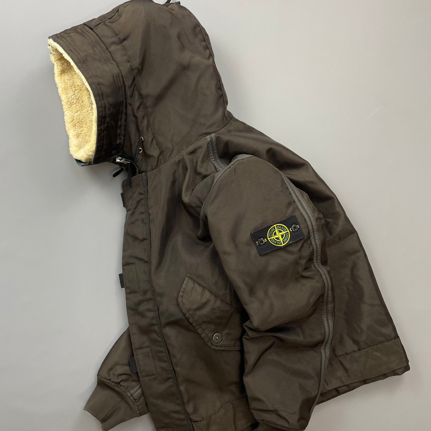 Stone Island Khaki Brown AW10 Shearling Hooded Padded Oxford Nylon Bomber Jacket